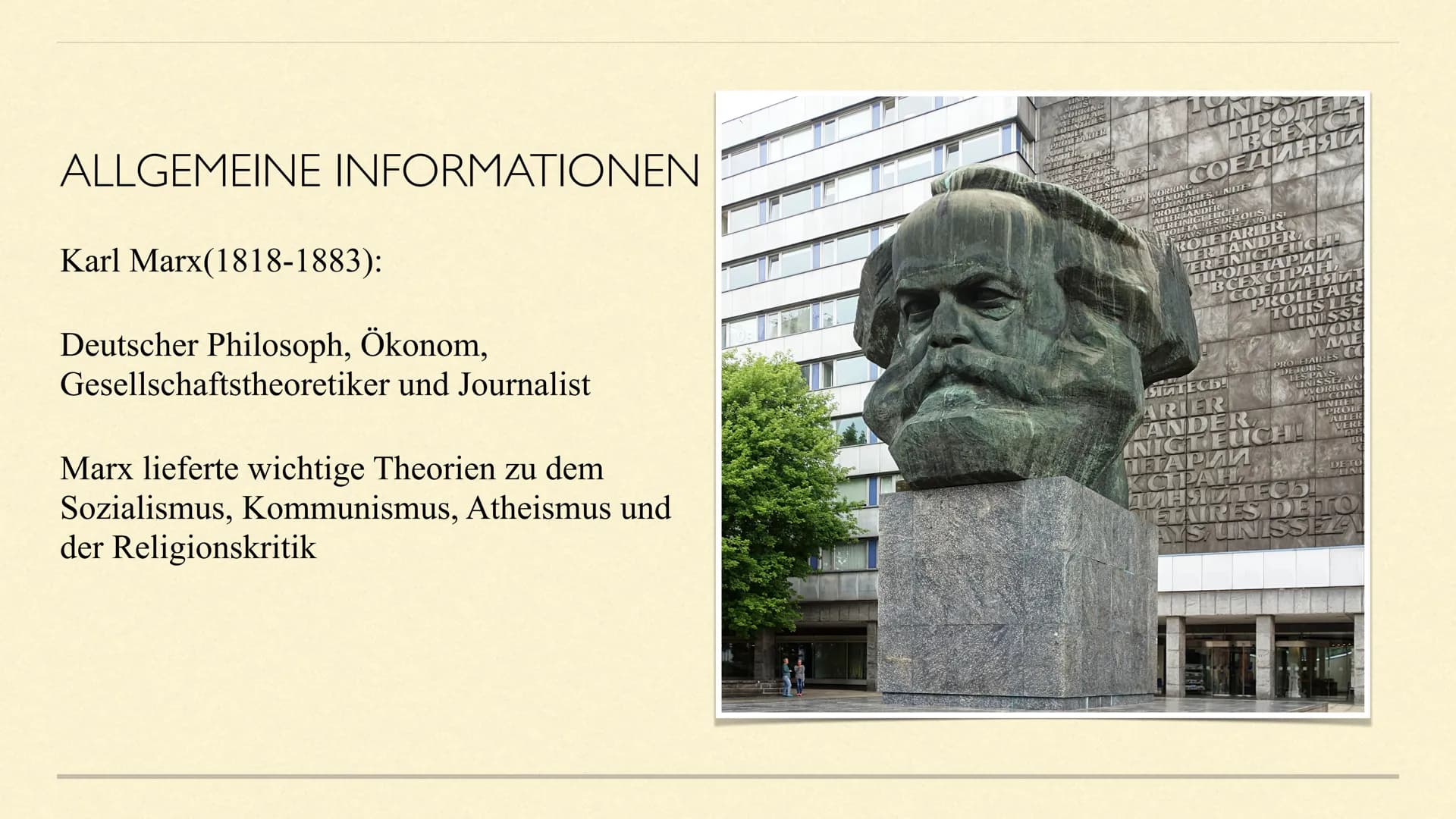 # KARL MARX

Eine Präsentation von Maxima Linde # INHALTSVERZEICHNIS

1. Allgemeine Informationen
1.1 Biografie
2. Historischer Hintergrund
