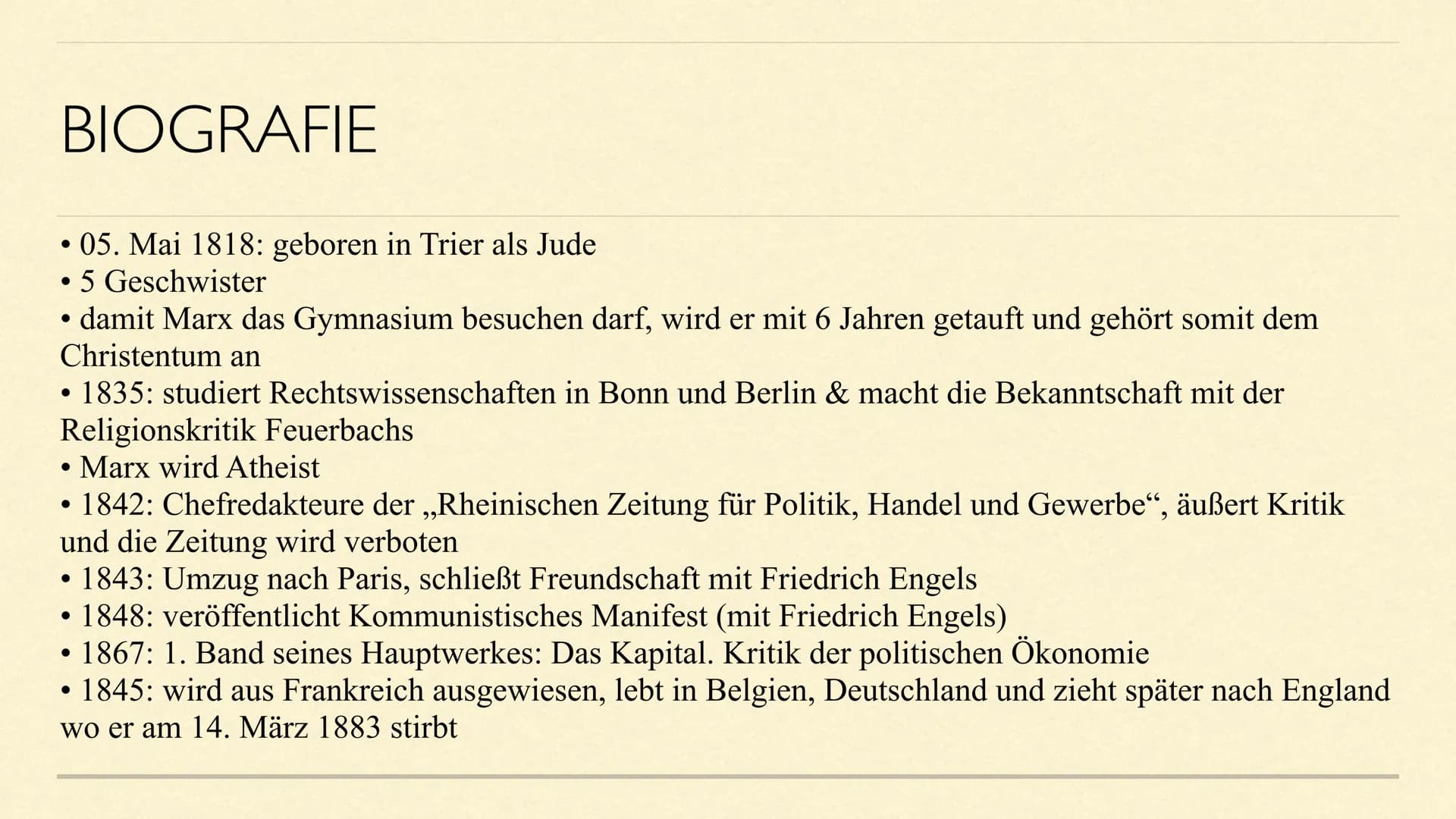 # KARL MARX

Eine Präsentation von Maxima Linde # INHALTSVERZEICHNIS

1. Allgemeine Informationen
1.1 Biografie
2. Historischer Hintergrund
