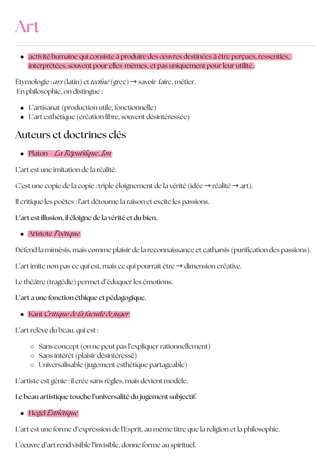 Art

⚫ activité humaine qui consiste à produire des cœuvres destinées à être perçues, ressenties,
interprétées, souvent pour elles mêmes, et