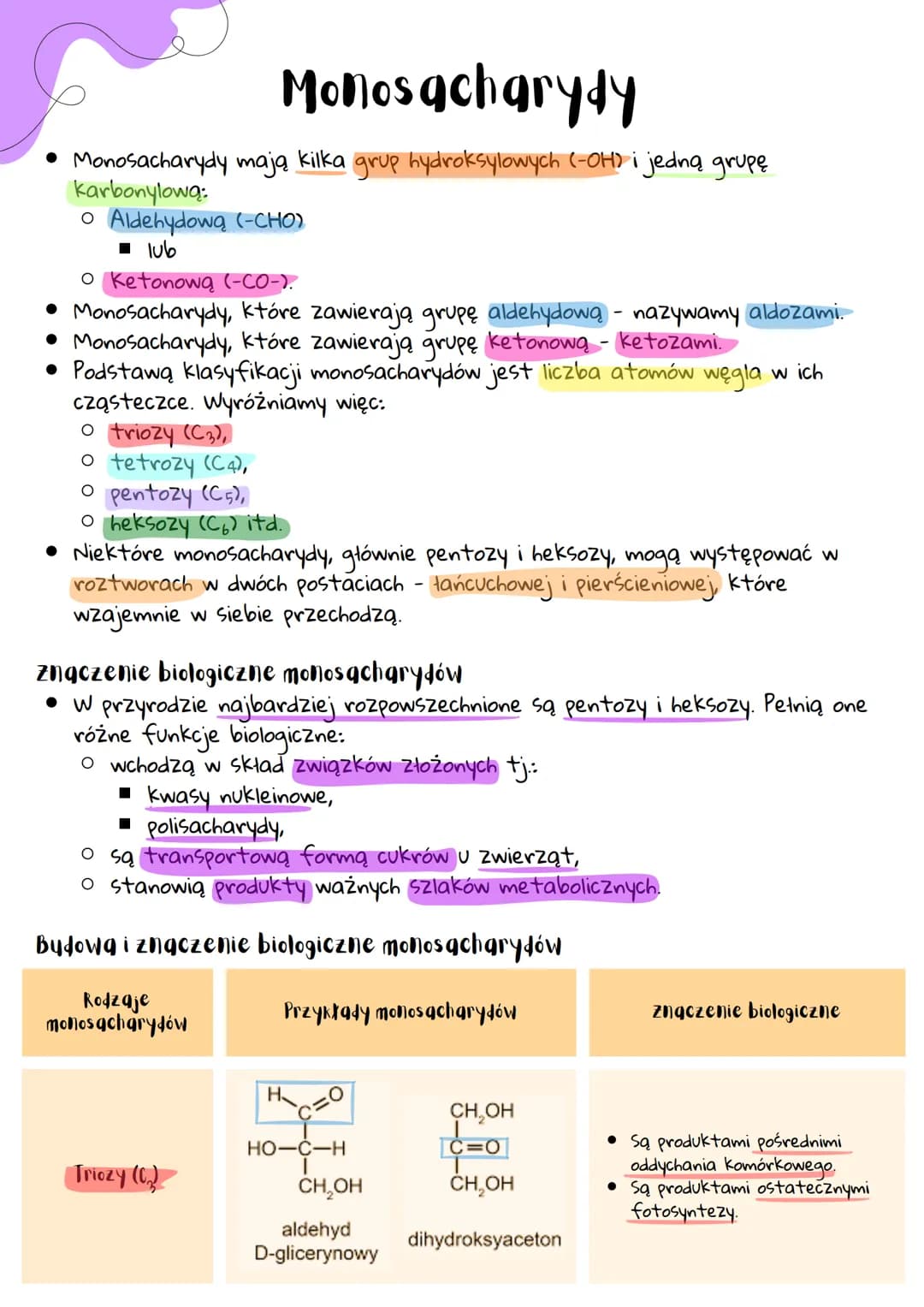 # Monosacharydy

• Monosacharydy mają kilka grup hydroksylowych (-OH) i jedną grupę
karbonylową:
• Aldehydową (-CHO)

• Ketonową (-CO-).
• M