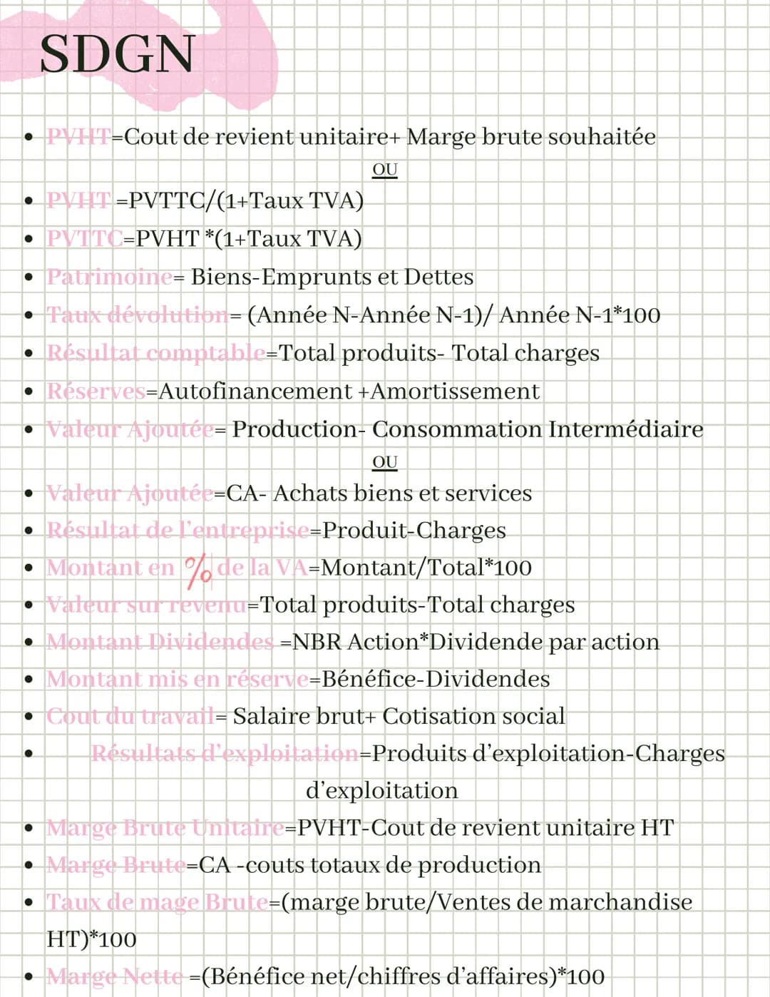 SDGN

- PVHT=Cout de revient unitaire+ Marge brute souhaitée

OU
- PVHT=PVTTC/(1+Taux TVA)
- PVTTC=PVHT *(1+Taux TVA)
- Patrimoine= Biens-Em