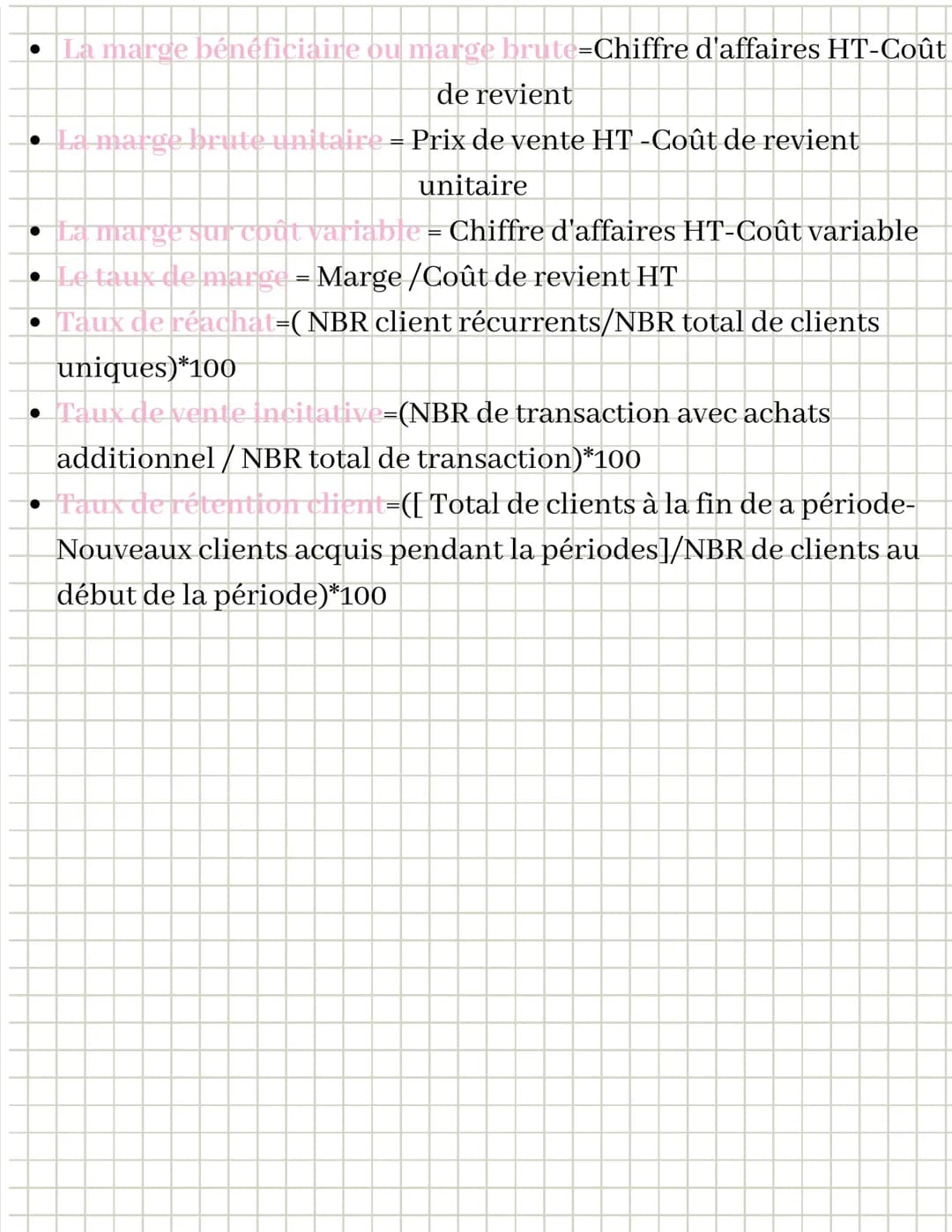 SDGN

- PVHT=Cout de revient unitaire+ Marge brute souhaitée

OU
- PVHT=PVTTC/(1+Taux TVA)
- PVTTC=PVHT *(1+Taux TVA)
- Patrimoine= Biens-Em