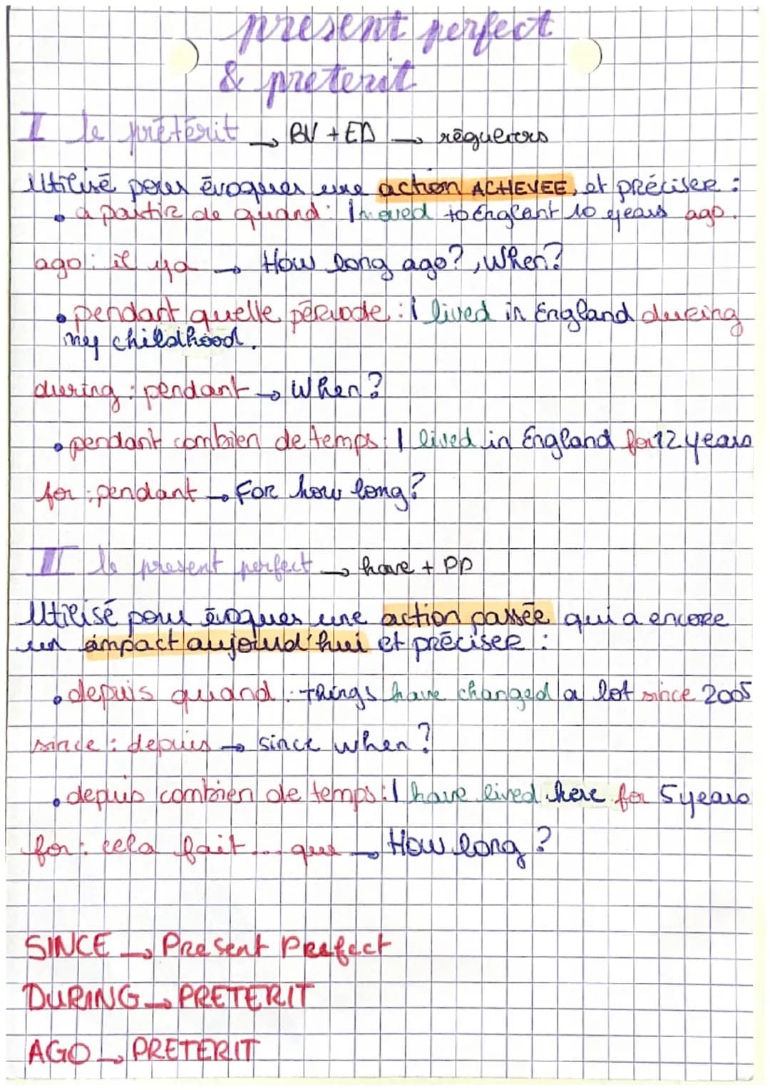 present perfect
> & preterit
I le prêtérit BV+ED
reguliers
utilisé pour évoquer eure action ACHEVEE, et préciser:
• a partir de quand. In ev