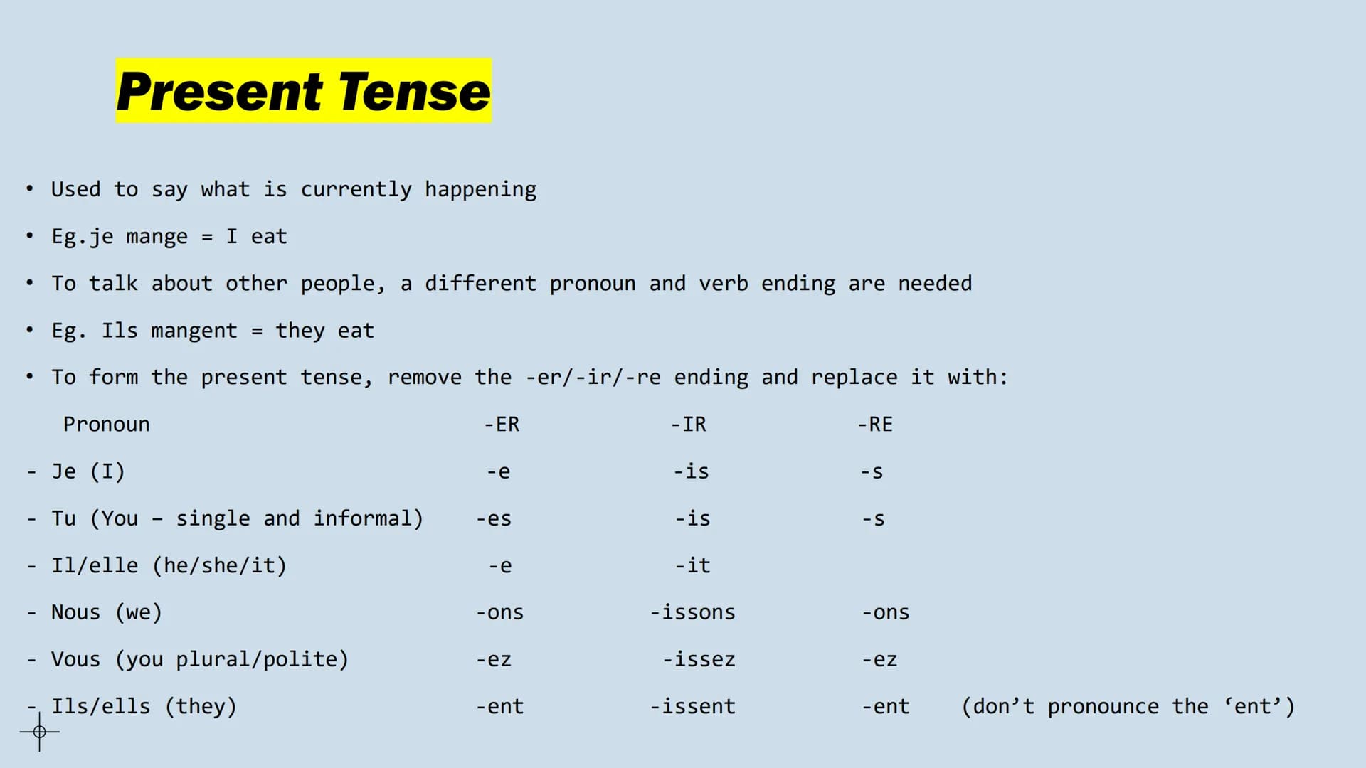 # Tenses

French GCSE # Infinitives

*   To do something
*   Eg. To eat = manger
*   The infinitives end in -er, -ir, and -re
*   Eg. Finir 