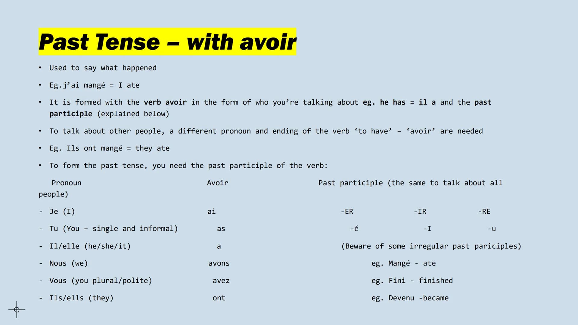 # Tenses

French GCSE # Infinitives

*   To do something
*   Eg. To eat = manger
*   The infinitives end in -er, -ir, and -re
*   Eg. Finir 