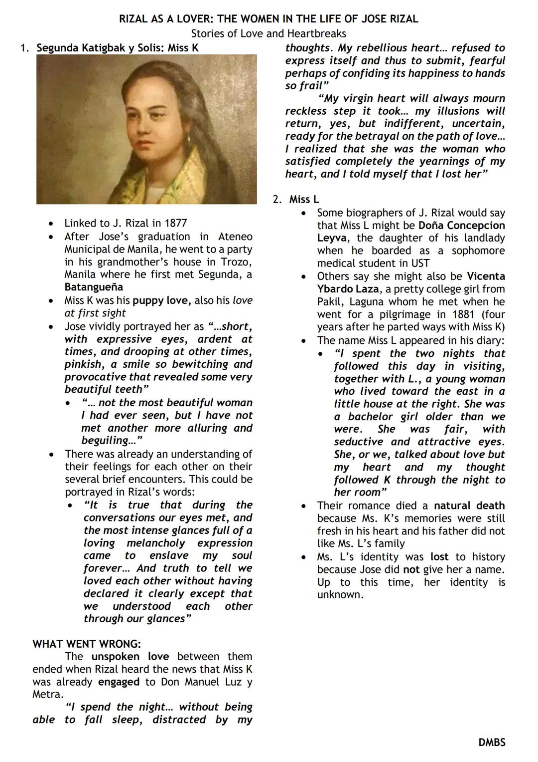 # RIZAL AS A LOVER: THE WOMEN IN THE LIFE OF JOSE RIZAL
Stories of Love and Heartbreaks

1. Segunda Katigbak y Solis: Miss K

- Linked to J.
