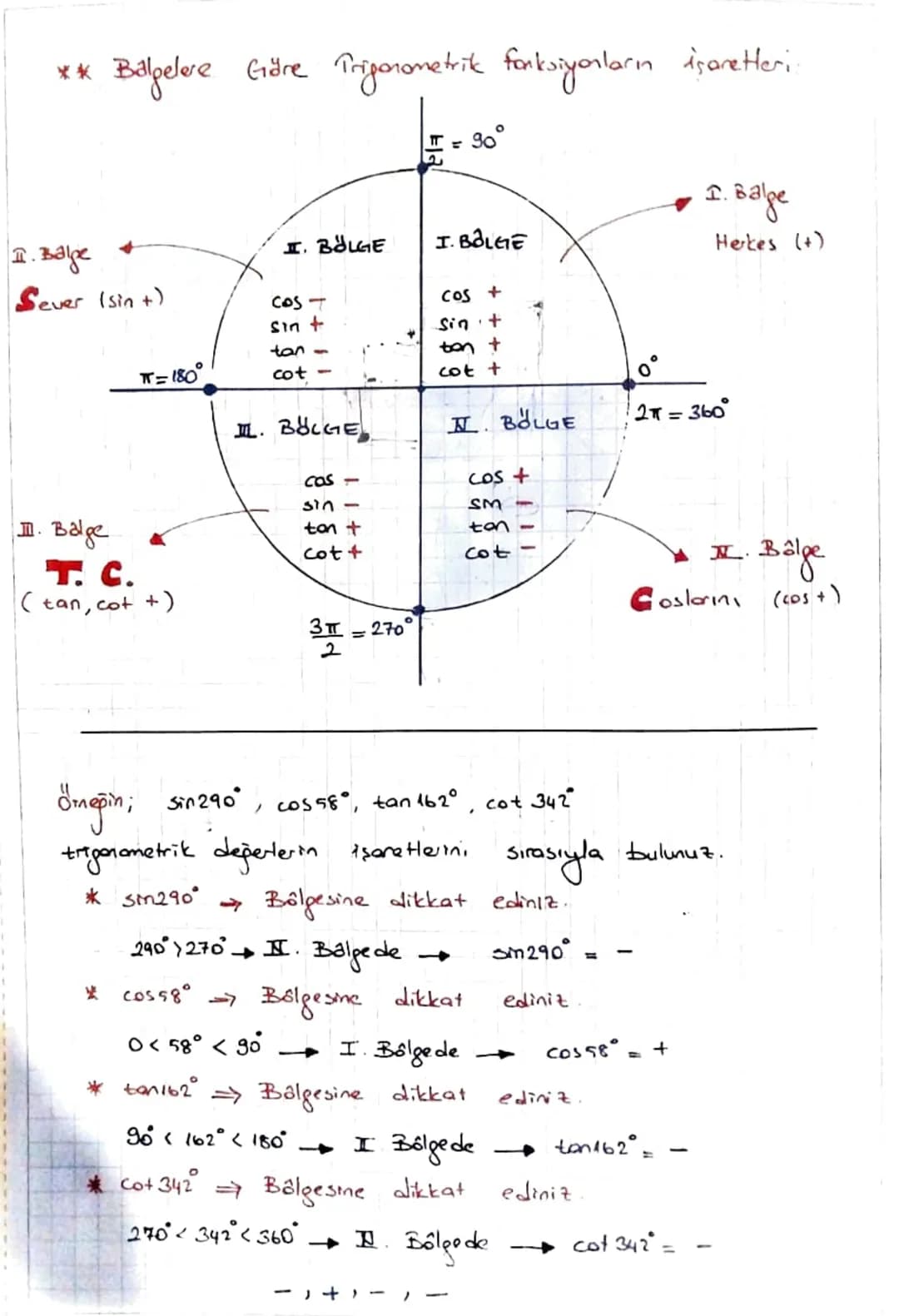 ** Balpelere Göre Trigonometrik fonksiyonların işaretleri.

$
=30°$

I. Balge

Ⅱ. Balge

I. BÖLGE

I. BOLGE
Herkes (+)

Sever (sin +)

COST
