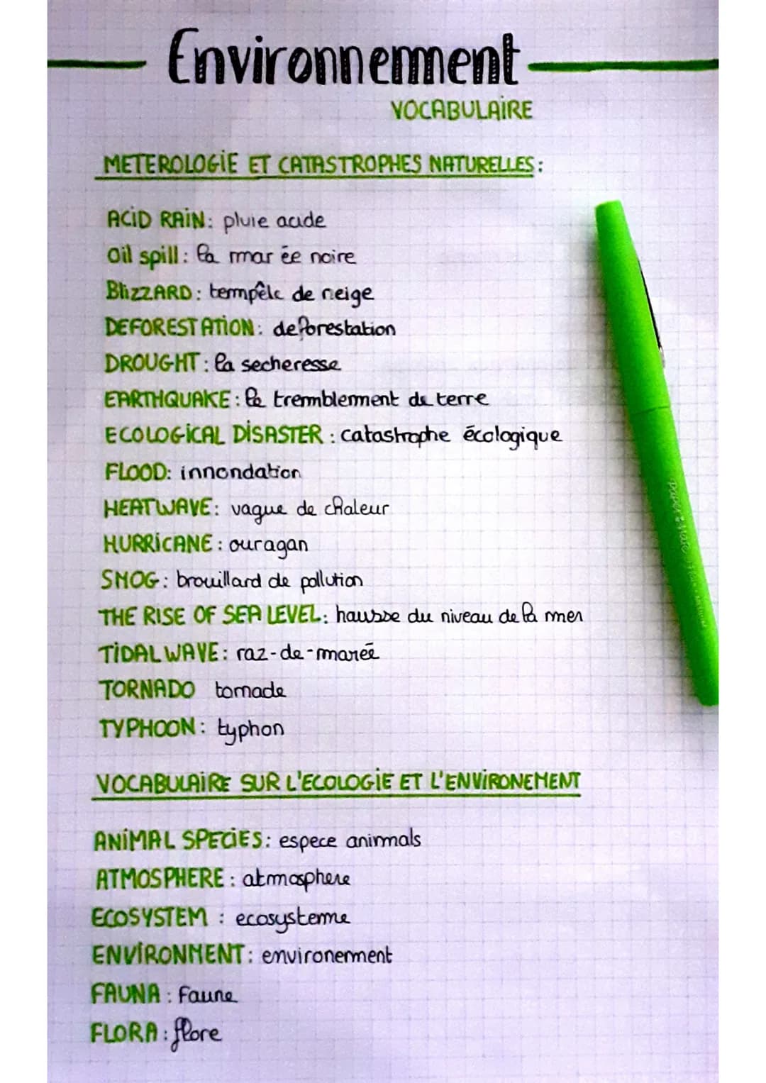 - Environnement
VOCABULAIRE

METEROLOGIE ET CATASTROPHES NATURELLES:

ACID RAIN: pluie acade
Oil spill: la mar ée noire
BlizZARD: tempêle de