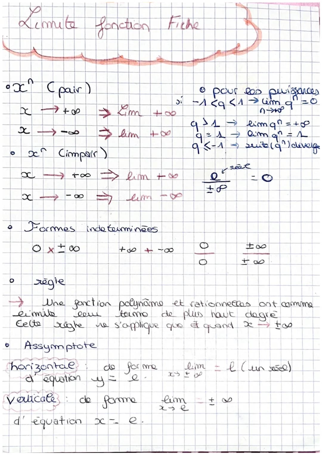 # Limite fonction Fiche

•X^ (pair)

。

$x \rightarrow +\infty$ $\Rightarrow$ Lim $+ \infty$

$x \rightarrow -\infty$ $\Rightarrow$ lim $+00