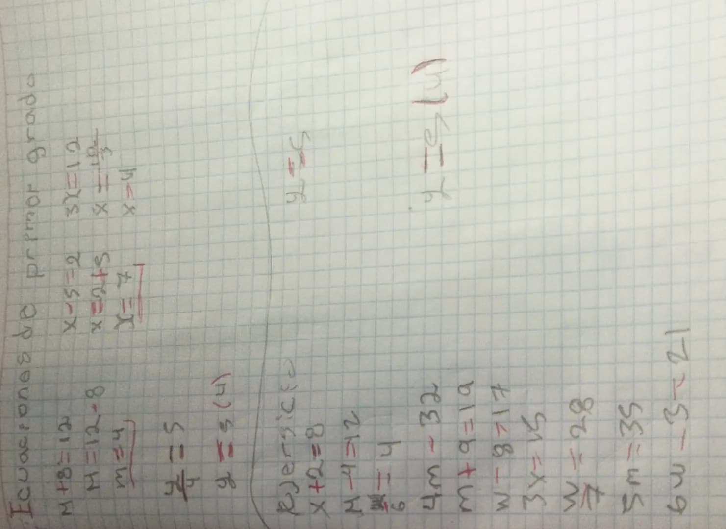 Ecuaciones de primor grada
M+8=12
M=12-8
m=4
X-5=2 3X=12
x=スト ×=
X=7
X=4
=S
y=s (4)
Rjersicca
x+2=8
५८
M-4=12
6
14
4m-32
M+9=19
W-8717
3x=15