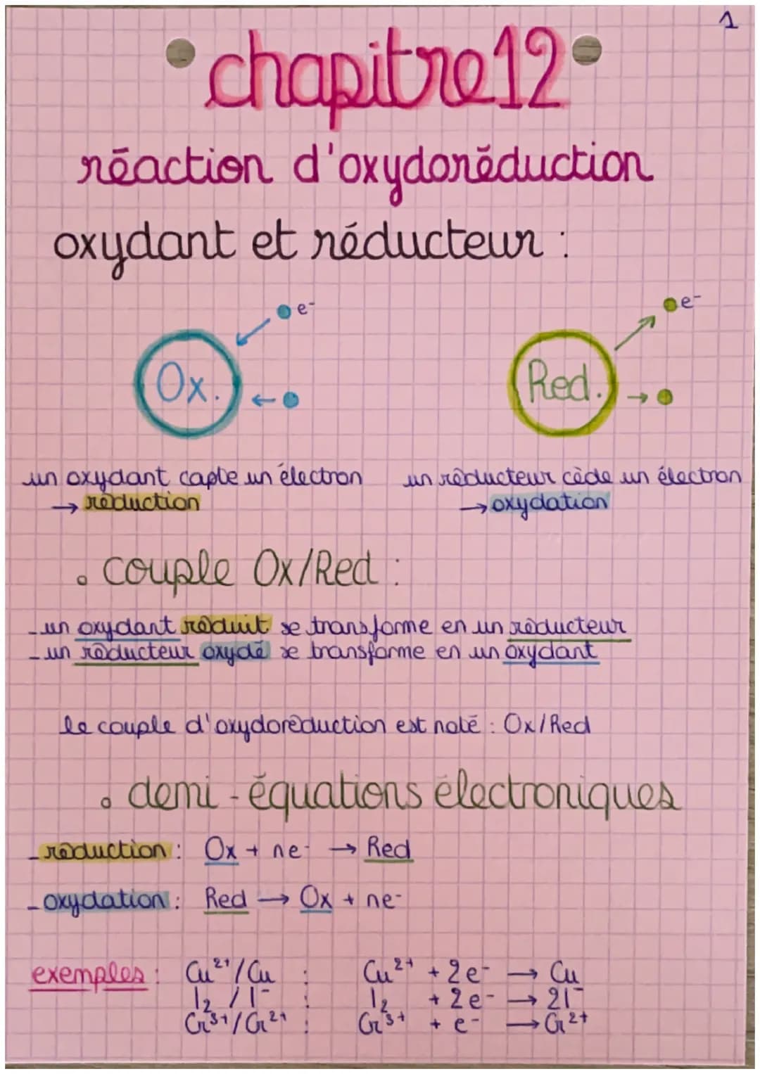 # chapitre 12

réaction d'oxydorěduction

oxydant et réducteur :

Ox.

←

Red.

un oxydant caple un électron un réducteur cède un électron

