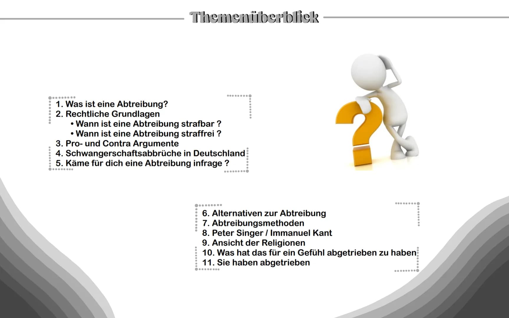 - Abtreibung -

Sollte man Abtreiben oder nicht und was sagt die Kirche dazu? Themenüberblick

...
.....
1. Was ist eine Abtreibung?
2. Rech