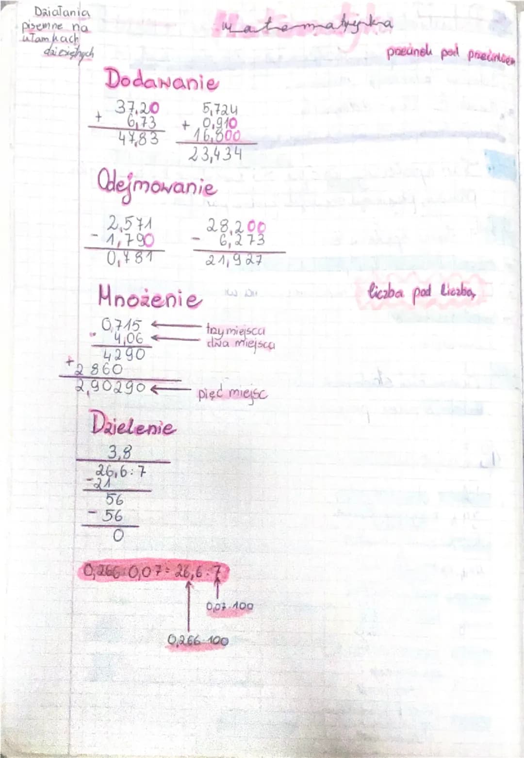 Daiałania
pisemne na
utam kach
daiesishych

# Dodawanie
matematyka
precinek pod precinties

  37.20  5,724
+ 673 + 0.910
47,83  16,800
  23,