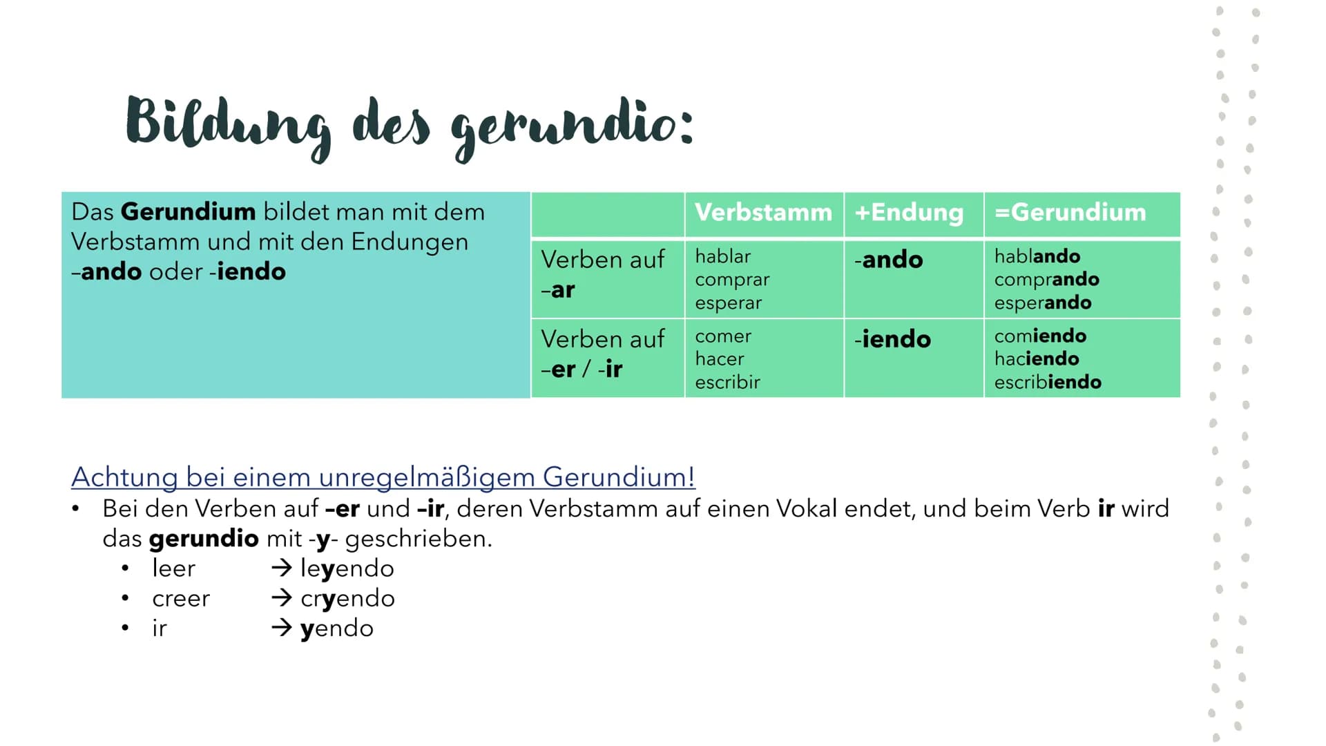 Das
Gerundium
im
Spanischen # Bildung des gerundio:

Das Gerundium bildet man mit dem
Verbstamm und mit den Endungen
-ando oder -iendo

|   