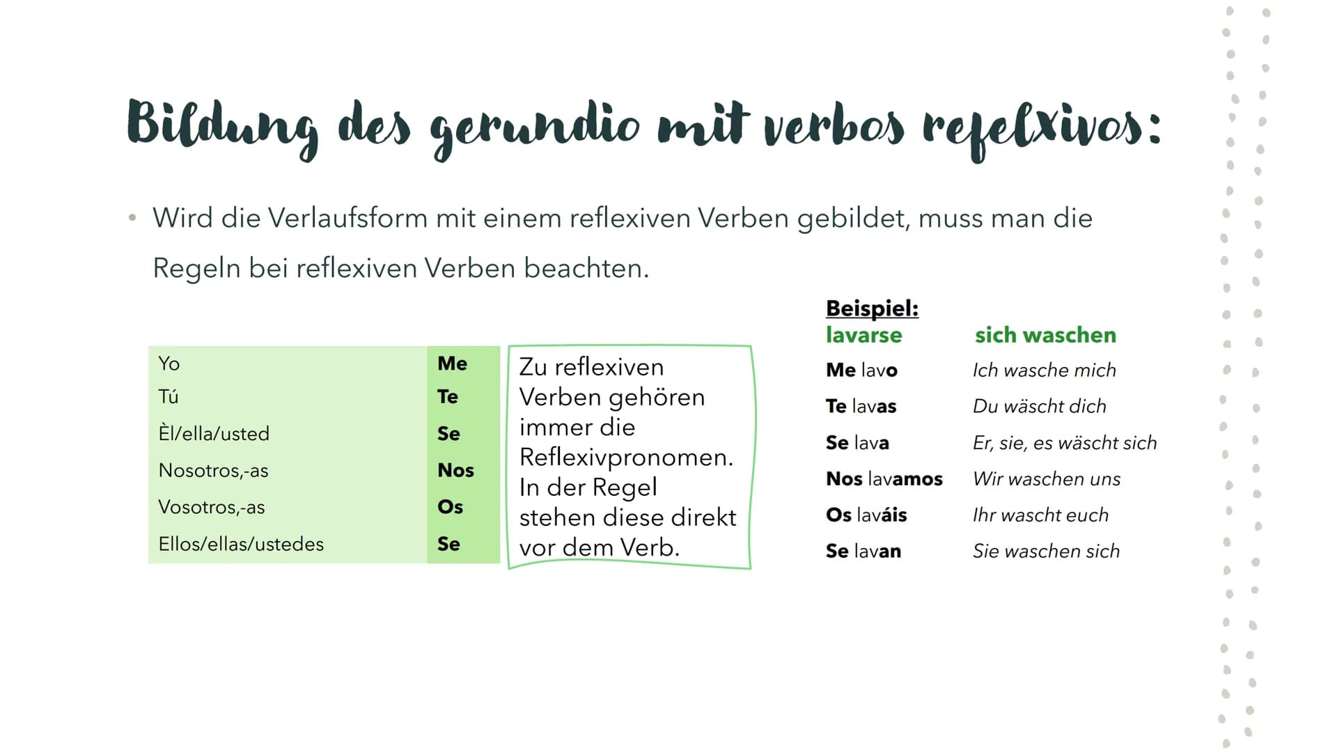 Das
Gerundium
im
Spanischen # Bildung des gerundio:

Das Gerundium bildet man mit dem
Verbstamm und mit den Endungen
-ando oder -iendo

|   