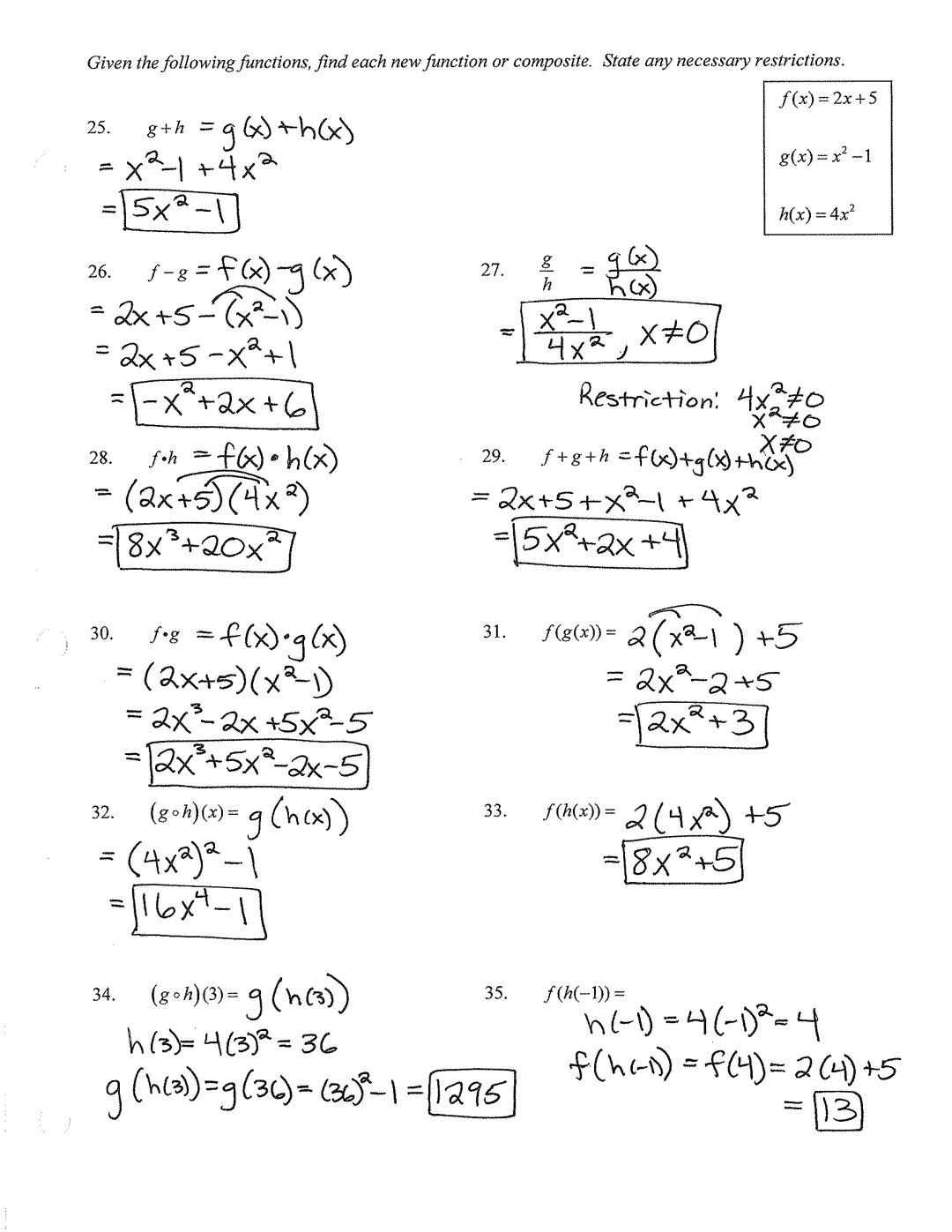 # OPERATIONS WITH FUNCTIONS

Key

Operations with Functions (for all functions f and g)

SUM

$f+g=(f+g)(x) = f(x)+g(x)$

DIFFERENCE $f-g=(f