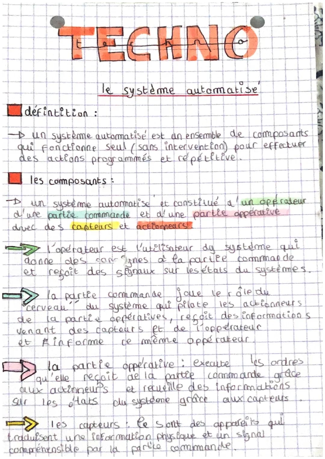 # TECHNO

defintition:
le système automatise

→ un système automatisé est an ensemble de composants
qui fonctionne seul (sans intervention) 