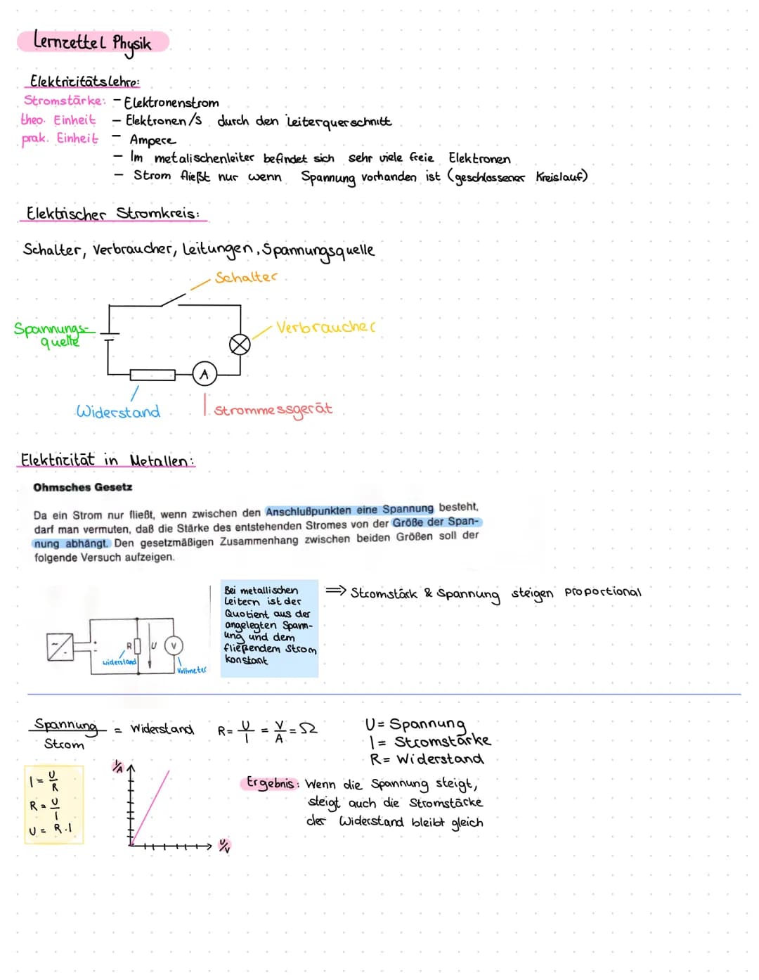 # Lernzettel Physik

Elektrizitätslehre:
Stromstärke: Elektronenstrom
theo. Einheit Elektronen/s durch den Leiterquerschnitt
prak. Einheit A