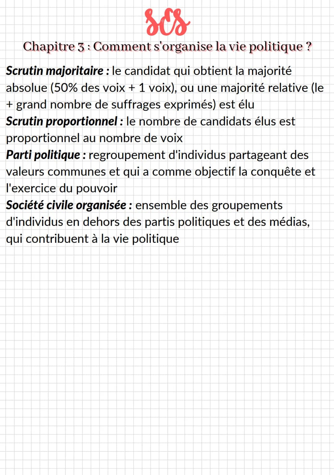 ses
# Chapitre 3: Comment s'organise la vie politique?
## Définitions

**Pouvoir politique**: capacité d'imposer des règles à
l'ensemble d'u