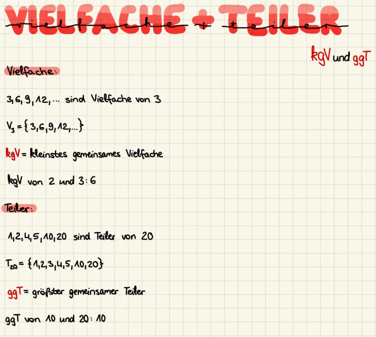 VIELFACHE + TEILER

Vielfache:

3,6,9,12,... sind Vielfache von 3

V=3,6,9,12,...}

kgV = kleinstes gemeinsames Vielfache

kgV von 2 und 3:6