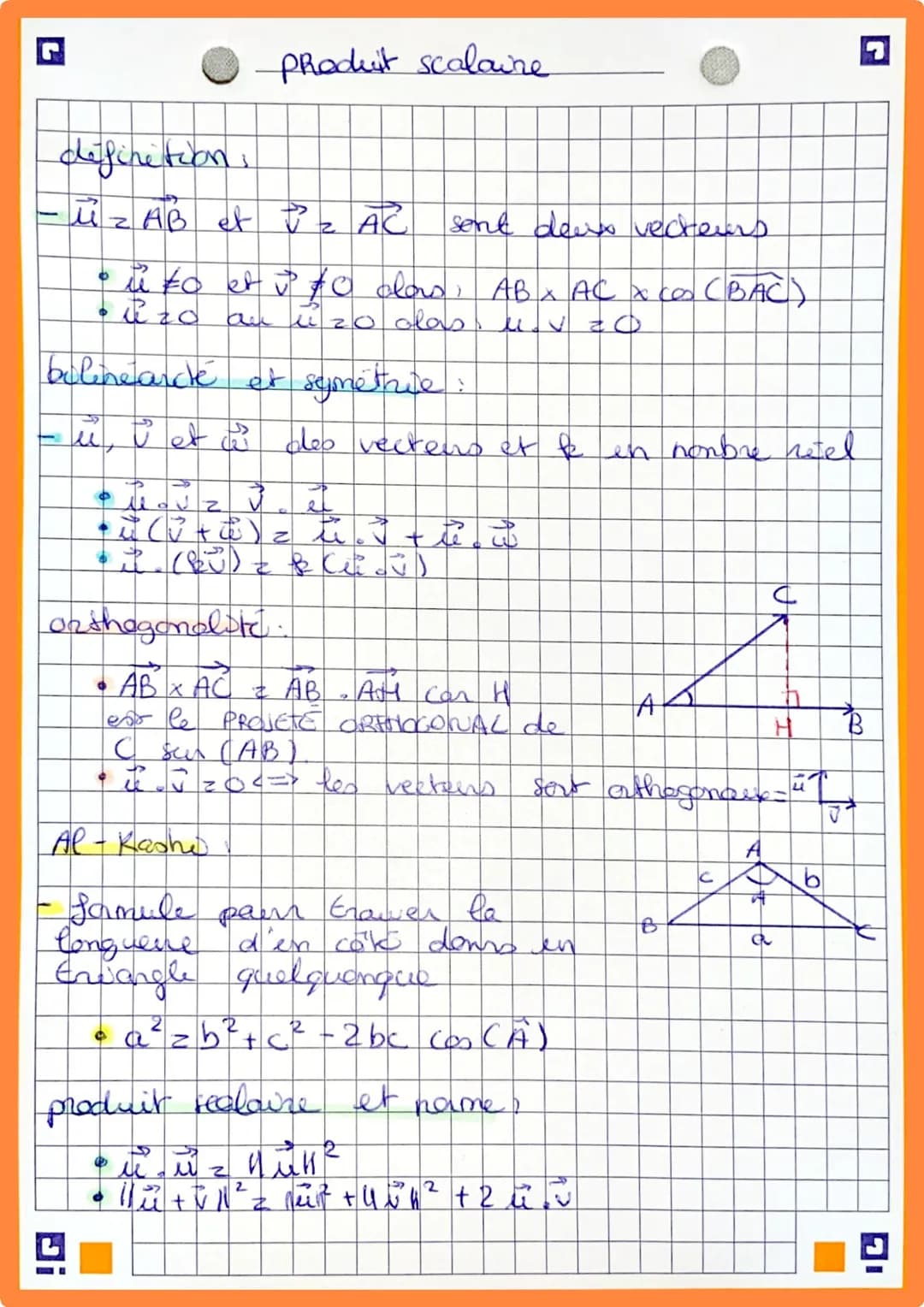 # produit scalaire

definition,
- $\vec{u} = AB$ et $\vec{v} = AC$ sent ders vecteurs.
- $\vec{u} \neq 0$ et $\vec{v} \neq 0$ das, $AB \time