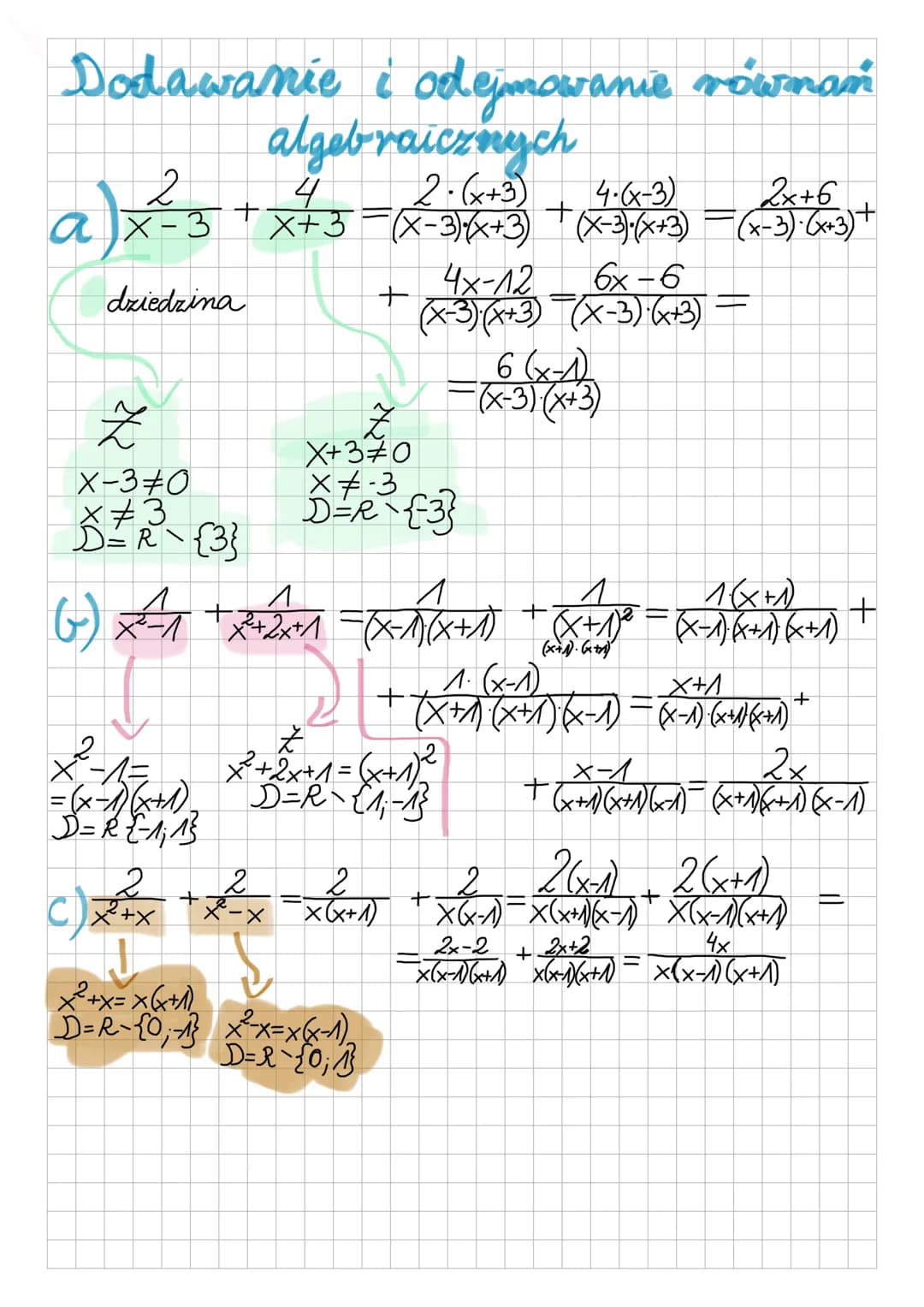 # Dodawanie i odjmowanie równan
algebraicznych

a) $\frac{2}{x-3} + \frac{4}{x+3} = \frac{2 \cdot (x+3)}{(x-3)(x+3)} + \frac{4 \cdot (x-3)}{