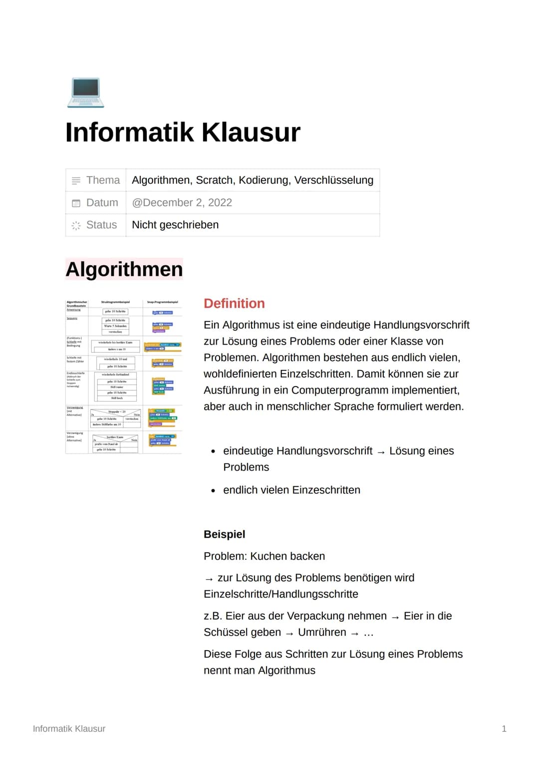 # Informatik Klausur

* Thema Algorithmen, Scratch, Kodierung, Verschlüsselung
* Datum @December 2, 2022
* Status Nicht geschrieben

# Algor