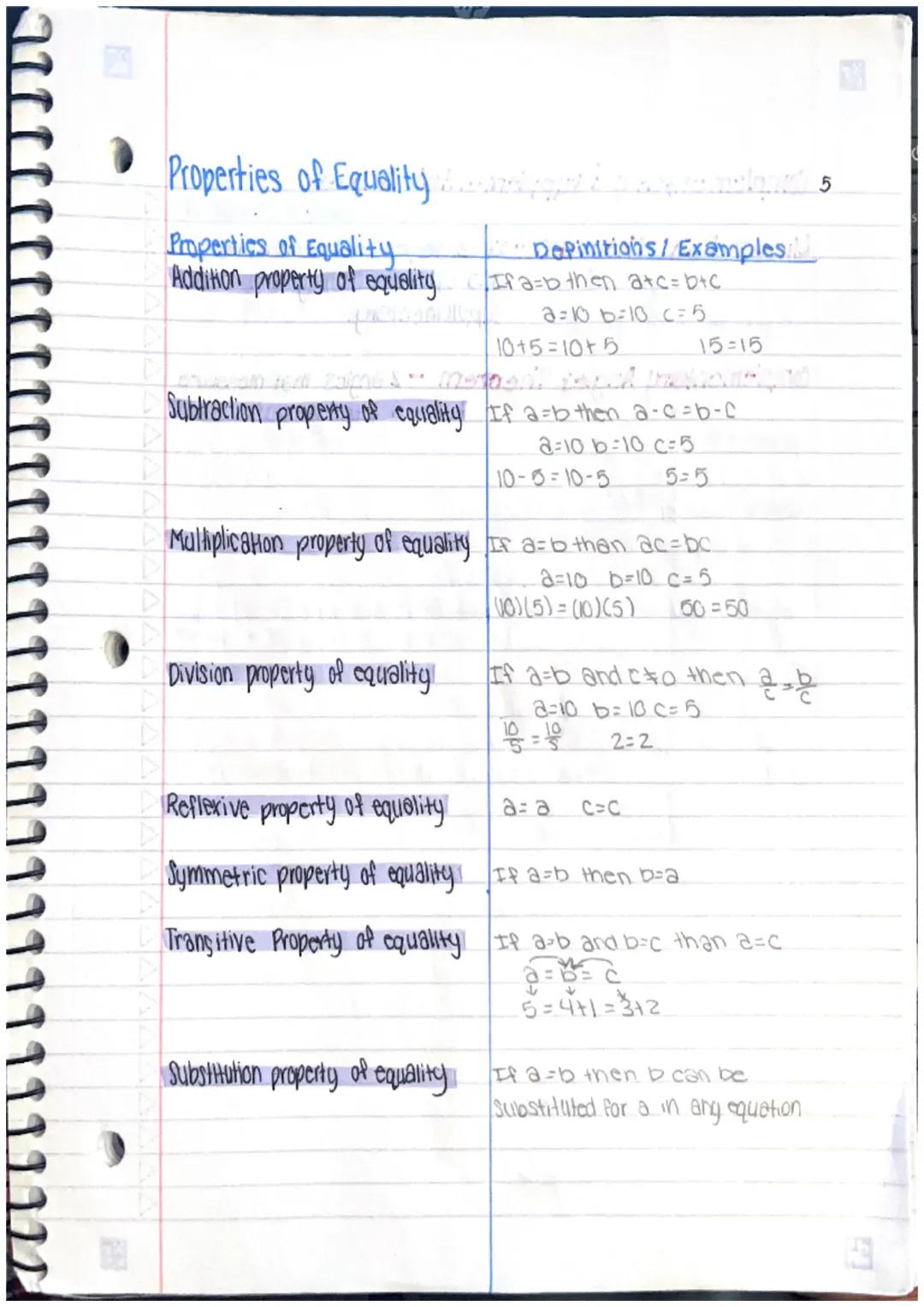 # Properties of Equality minim 5

Properties of Equality | Depinitions/ Examples
---|---
Addition property of equality | If a=b then a+c=b+c