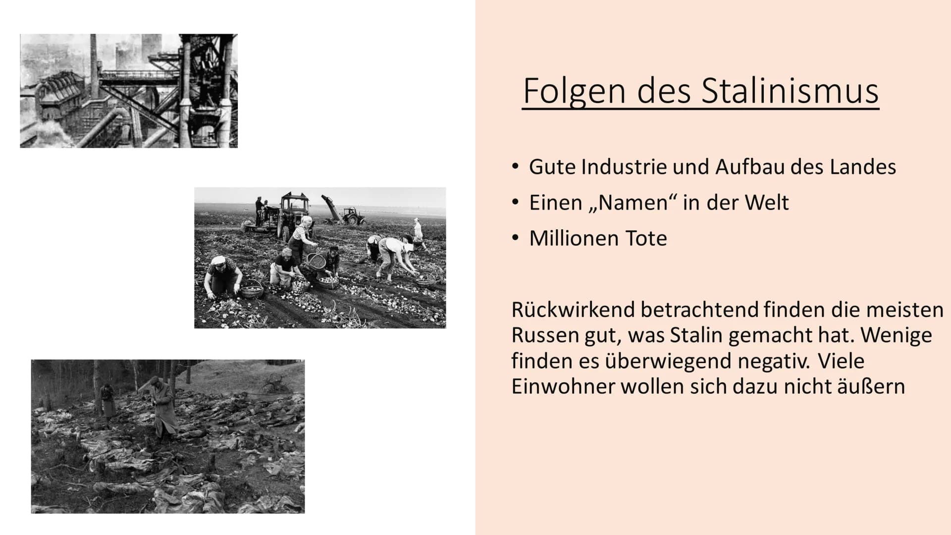 # Stalinismus

Die Diktatur von Josef Stalin 1928-58 Inhaltsverzeichnis

• Was ist Stalinismus?
• Vorherige Einflüsse
• Zwangskollektivierun