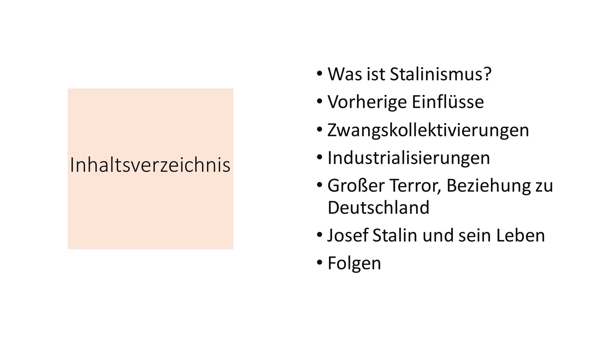 # Stalinismus

Die Diktatur von Josef Stalin 1928-58 Inhaltsverzeichnis

• Was ist Stalinismus?
• Vorherige Einflüsse
• Zwangskollektivierun