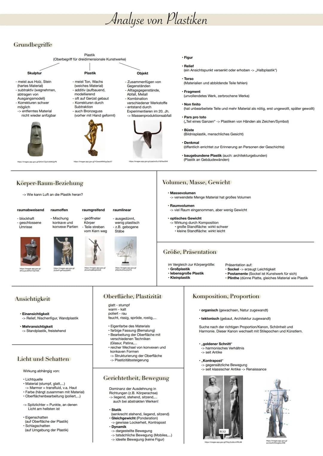 # Analyse von Plastiken

Grundbegriffe

Skulptur

- meist aus Holz, Stein
(hartes Material)
- subtraktiv (wegnehmen,
abtragen von
Ausgangsmo