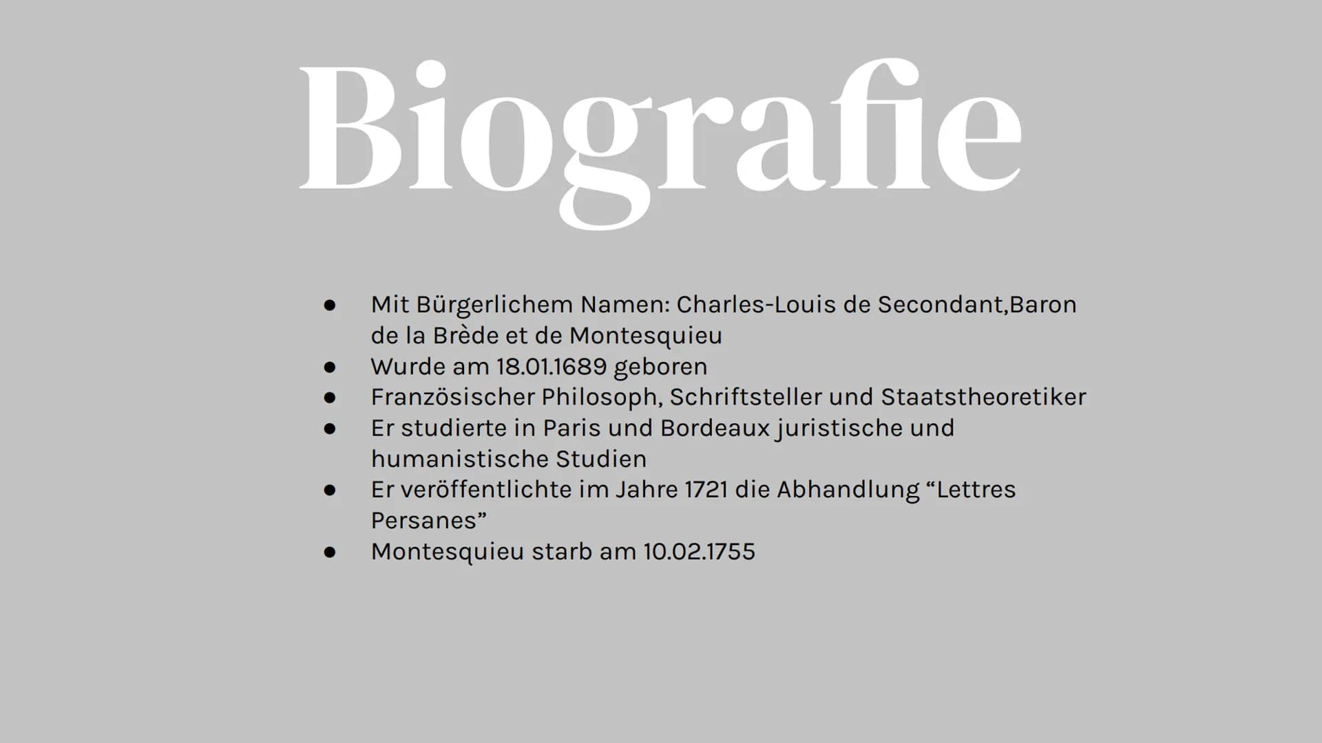 # Charles de
Montesquieu

"Etwas ist nicht recht, weil es
Gesetz ist, sondern es muss
Gesetz sein, weil es recht ist."
- Montesquieu

Nele R