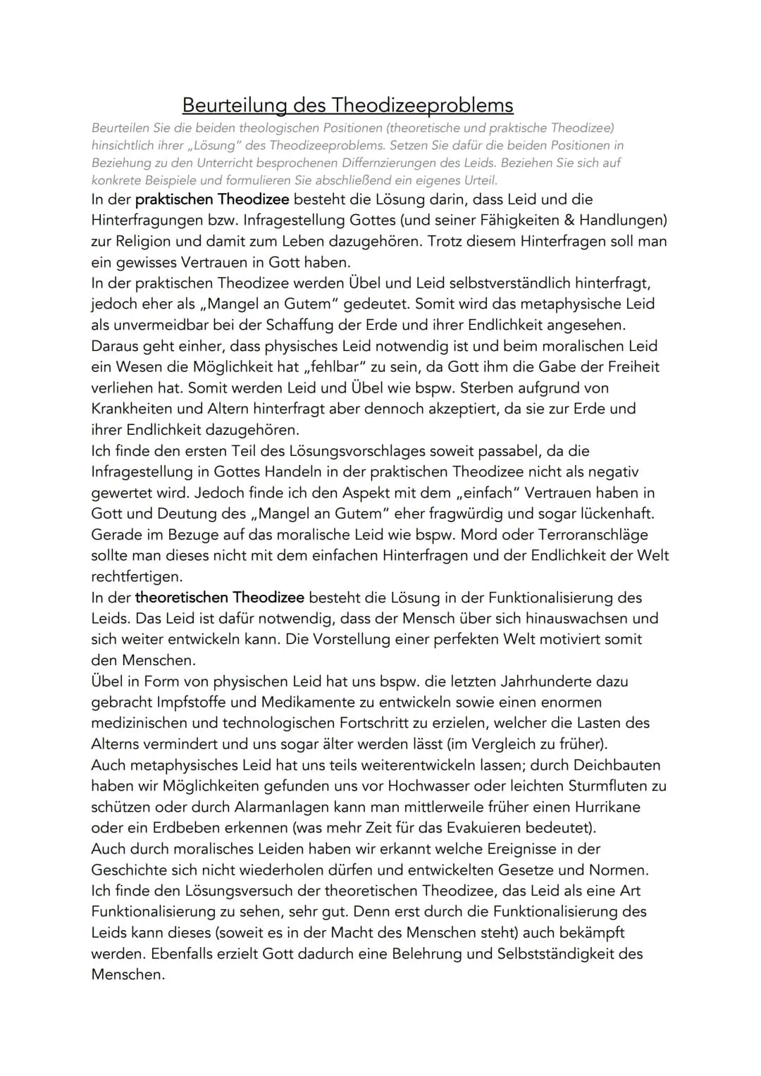 # Beurteilung des Theodizeeproblems

Beurteilen Sie die beiden theologischen Positionen (theoretische und praktische Theodizee)
hinsichtlich