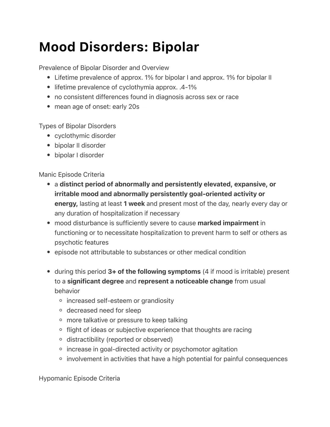 # Mood Disorders: Bipolar

Prevalence of Bipolar Disorder and Overview

• Lifetime prevalence of approx. 1% for bipolar I and approx. 1% for