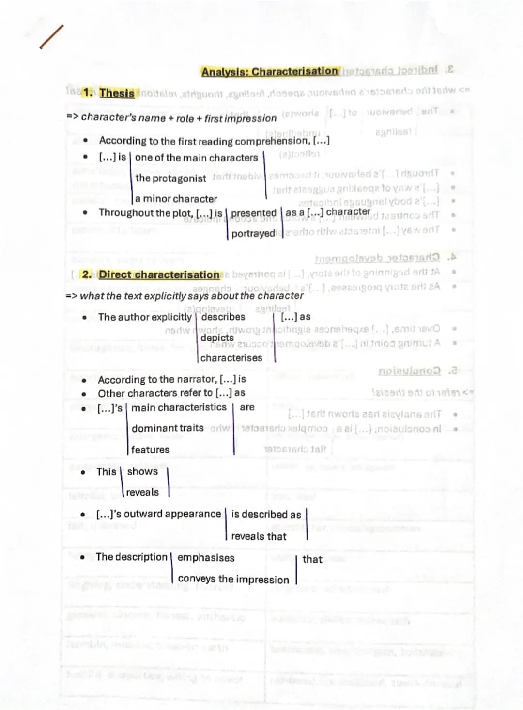 Analysis: Characterisation
1. Thesis
=> character's name + role + first impression
• According to the first reading comprehension, [...] 
• 