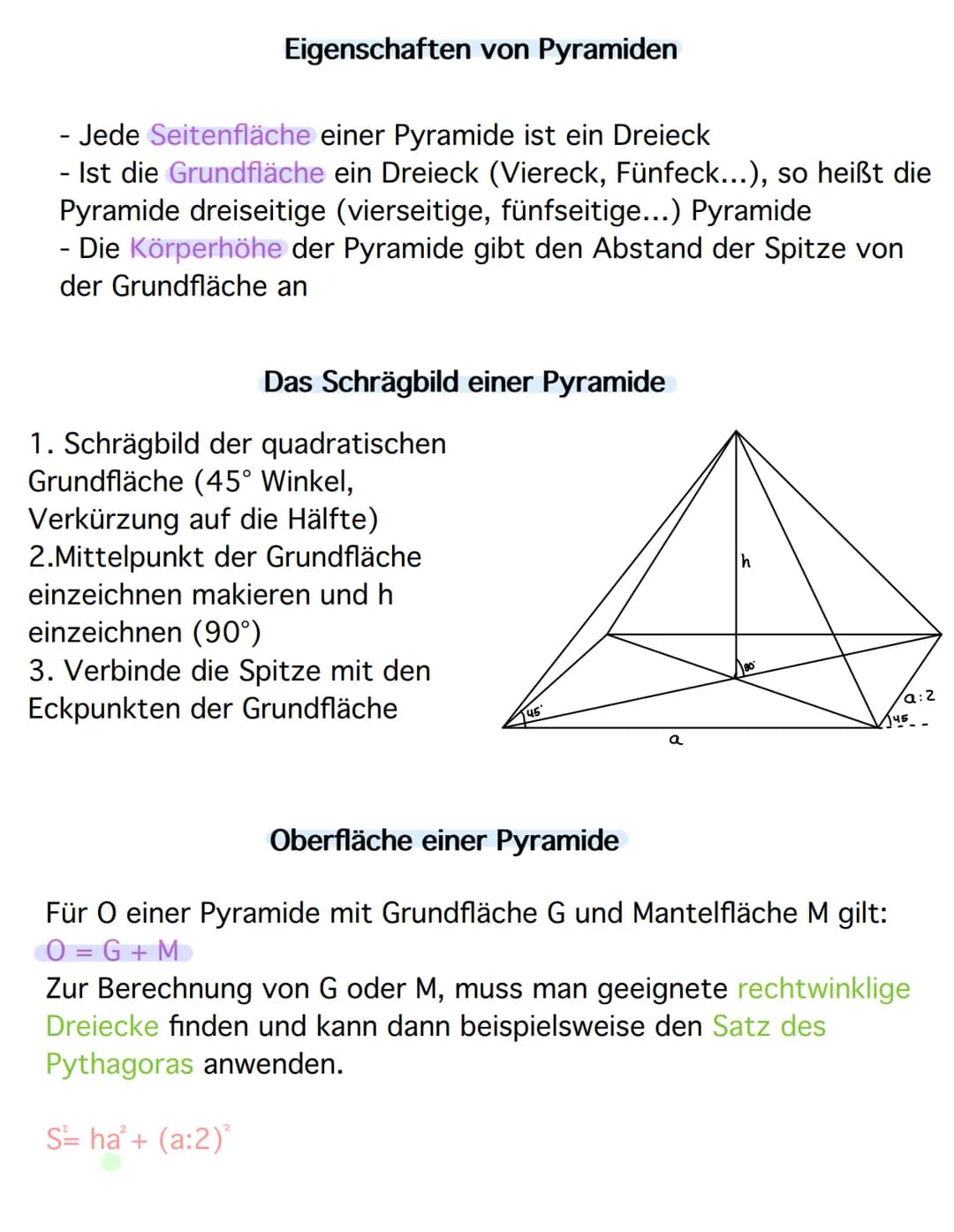 # Eigenschaften von Pyramiden

- Jede Seitenfläche einer Pyramide ist ein Dreieck
- Ist die Grundfläche ein Dreieck (Viereck, Fünfeck...), s