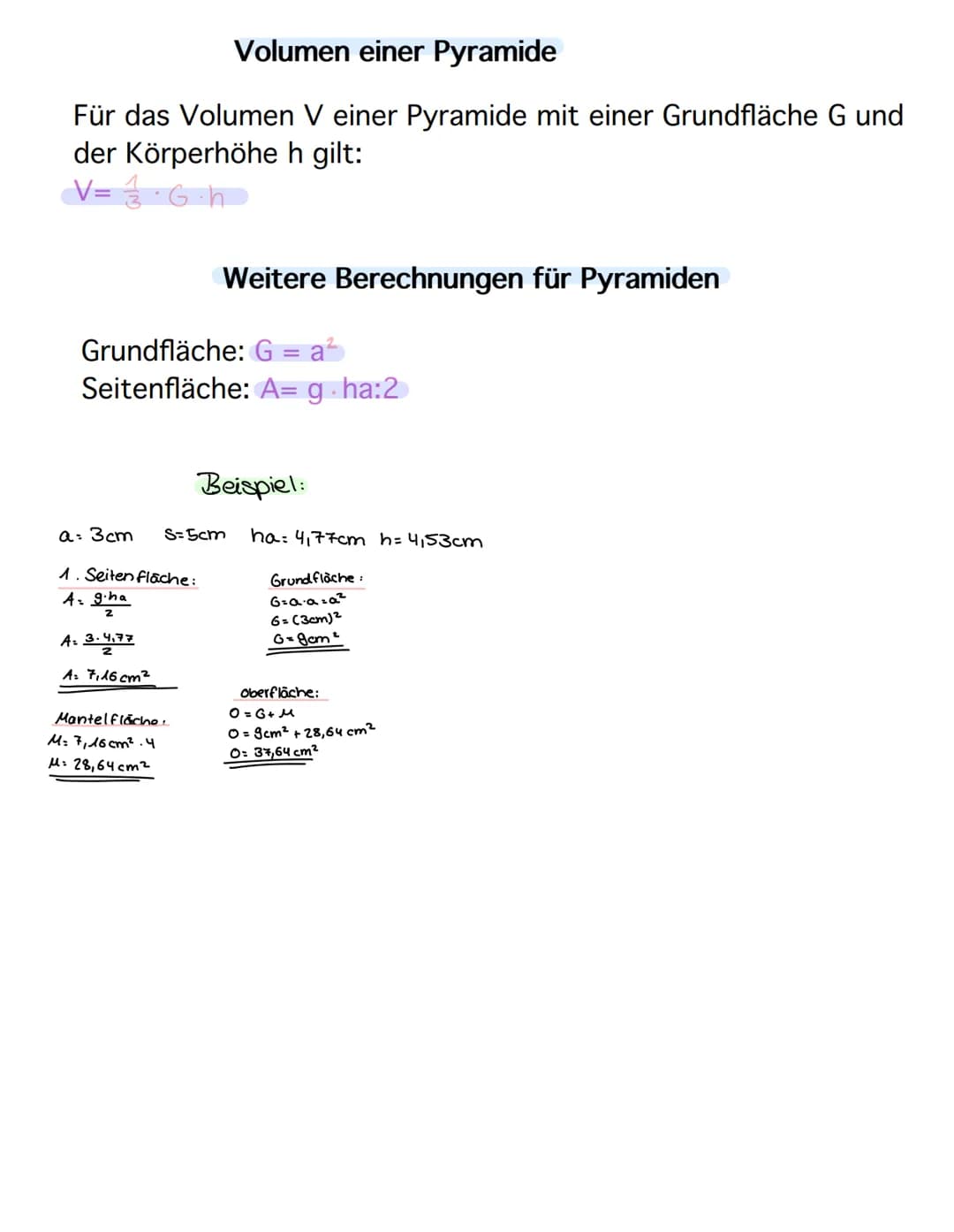 # Eigenschaften von Pyramiden

- Jede Seitenfläche einer Pyramide ist ein Dreieck
- Ist die Grundfläche ein Dreieck (Viereck, Fünfeck...), s