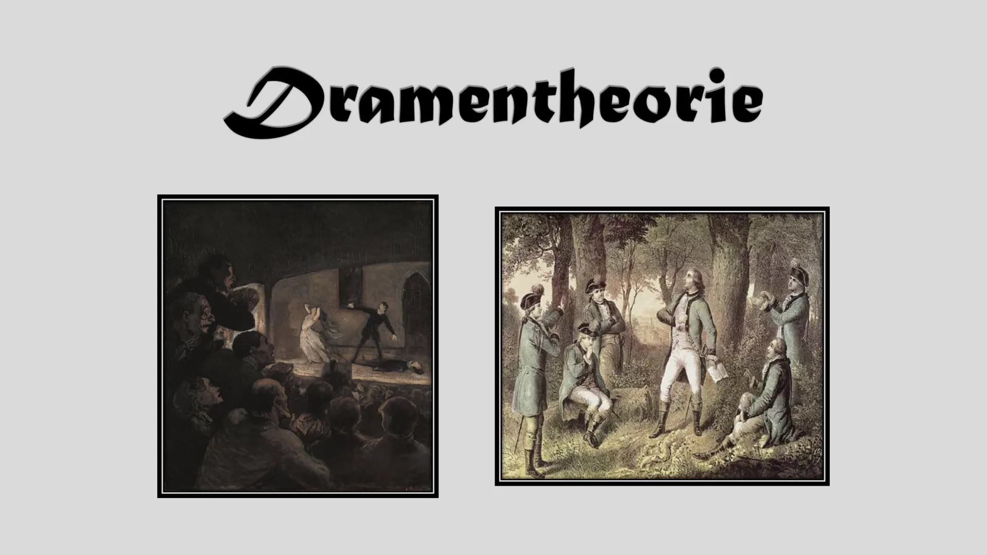 # Dramentheorie # Gliederung

1. Grundmerkmale des Dramas
2. Komödie
3. Tragödie
4. Theater-Wörterbuch
5. Die Geburt des Dramas - Das antike