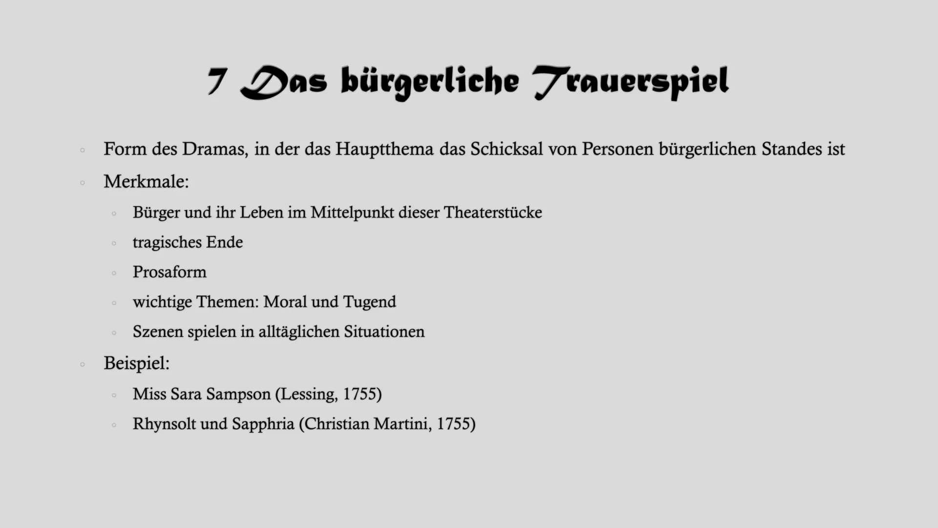 # Dramentheorie # Gliederung

1. Grundmerkmale des Dramas
2. Komödie
3. Tragödie
4. Theater-Wörterbuch
5. Die Geburt des Dramas - Das antike