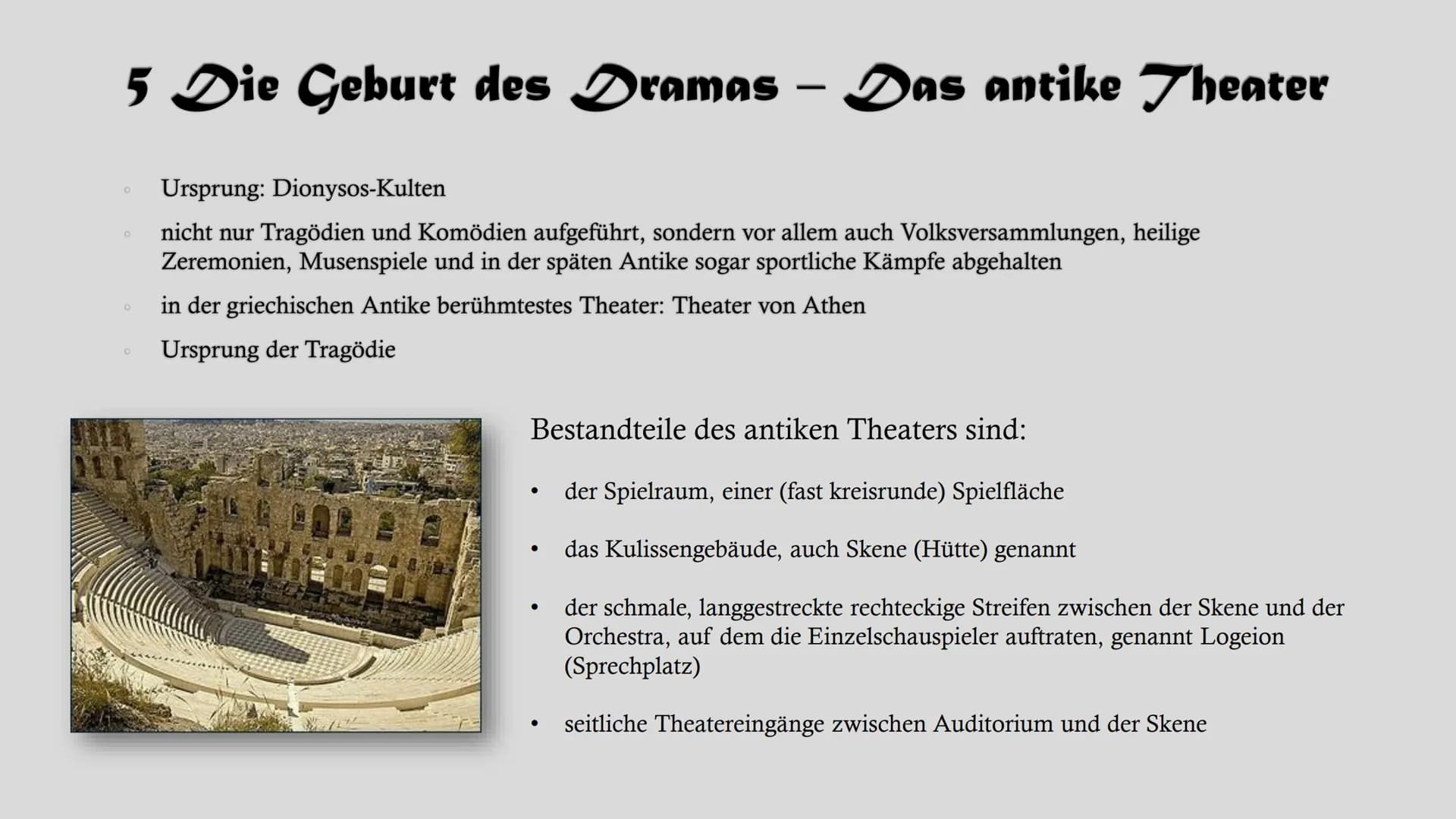 # Dramentheorie # Gliederung

1. Grundmerkmale des Dramas
2. Komödie
3. Tragödie
4. Theater-Wörterbuch
5. Die Geburt des Dramas - Das antike