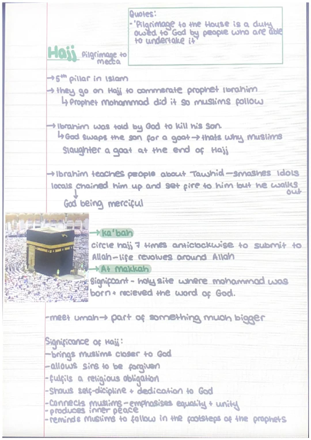 # Islamic Practices

3 key beliers that all Muslims have:
- there is only one God (tawhid)
-muhammad was the last prophet (prohet hood)
-lif