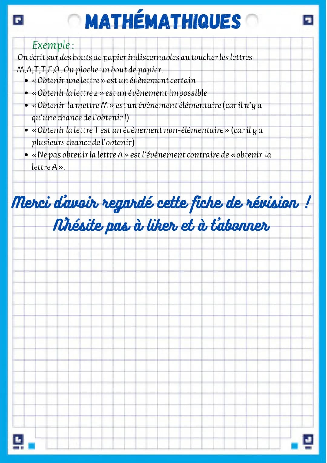 # MATHÉMATHIQUES

fiche de révision chapitre
2: probabilités

I-Quelque définitions

Définition 1

Une expérience est dite aléatoire si on n