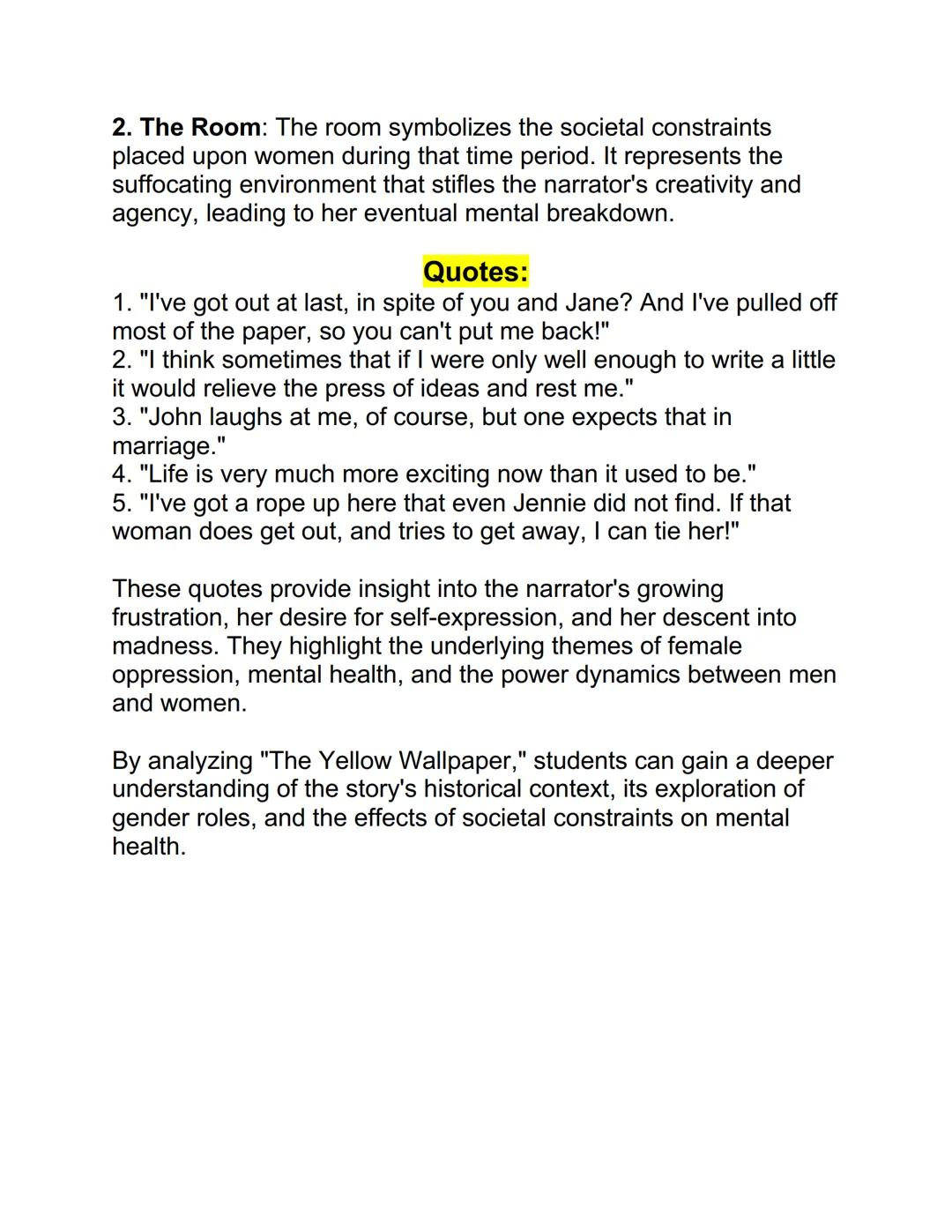 # Title: "The Yellow Wallpaper" by Charlotte Perkins
Gilman: A Literary Analysis

## Introduction:

*   "The Yellow Wallpaper" by Charlotte 