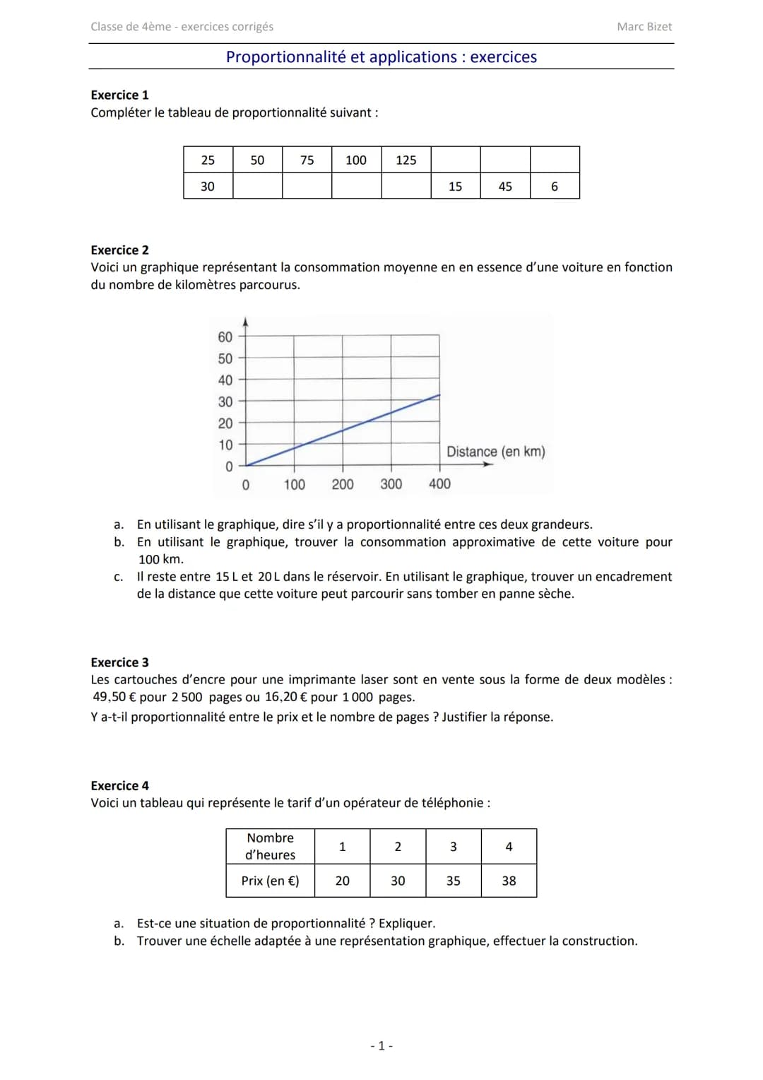 Classe de 4ème - exercices corrigés

Marc Bizet

Proportionnalité et applications: exercices

Exercice 1
Compléter le tableau de proportionn