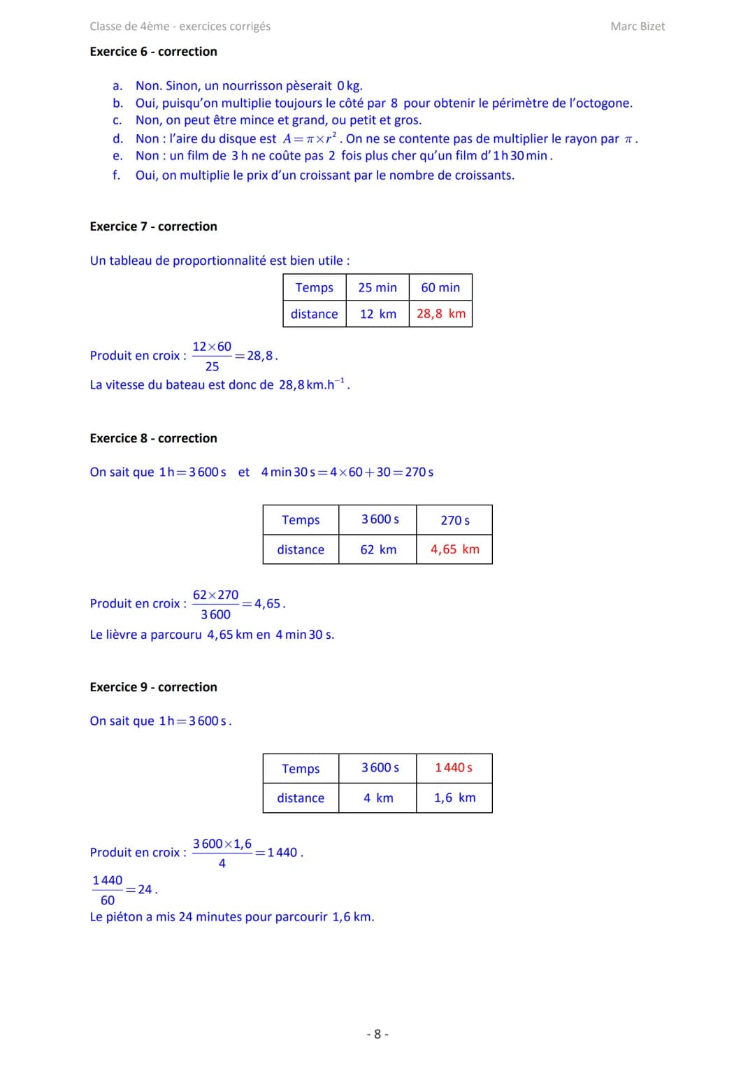 Classe de 4ème - exercices corrigés

Marc Bizet

Proportionnalité et applications: exercices

Exercice 1
Compléter le tableau de proportionn