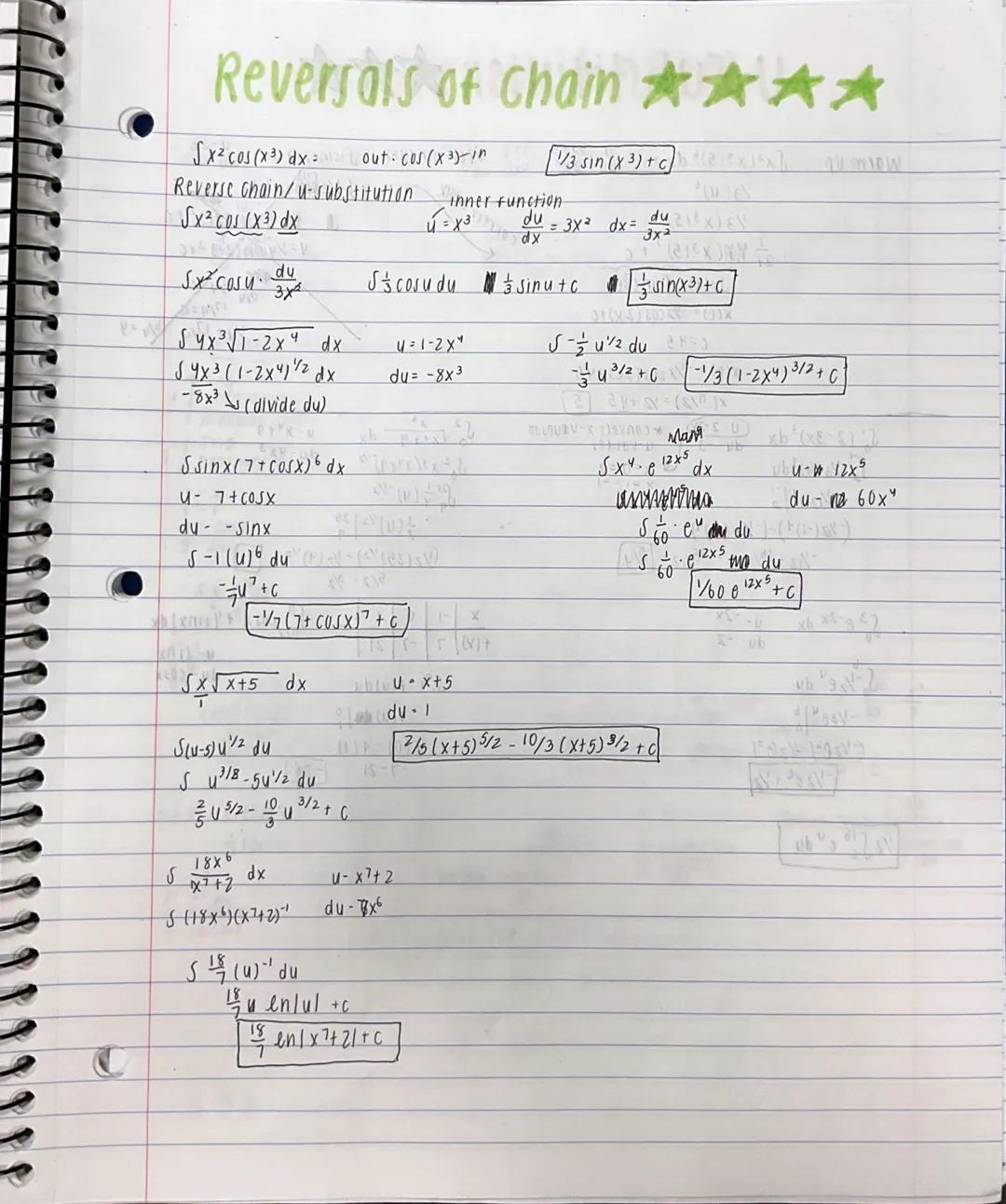 # Reversals of Chain

SX2 cos(x3) dx= out: cos(x3)-in

Reverse chain/u-substitution inner function

√x2 c01 (x3) dx

1/3 sin(x3) + caix

=X3