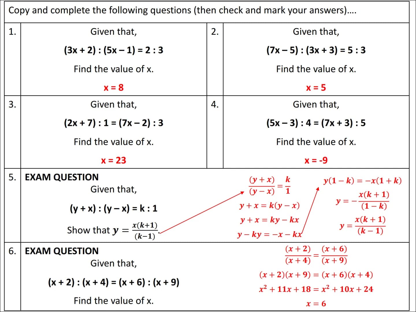 # Ratio Algebra Problems
Type 1 Example

Given that,

$(2x+1): (3x-5) = 2:5$

Find the value of x.

Your Turn!!!

Given that,

$(5x-2): (2x 