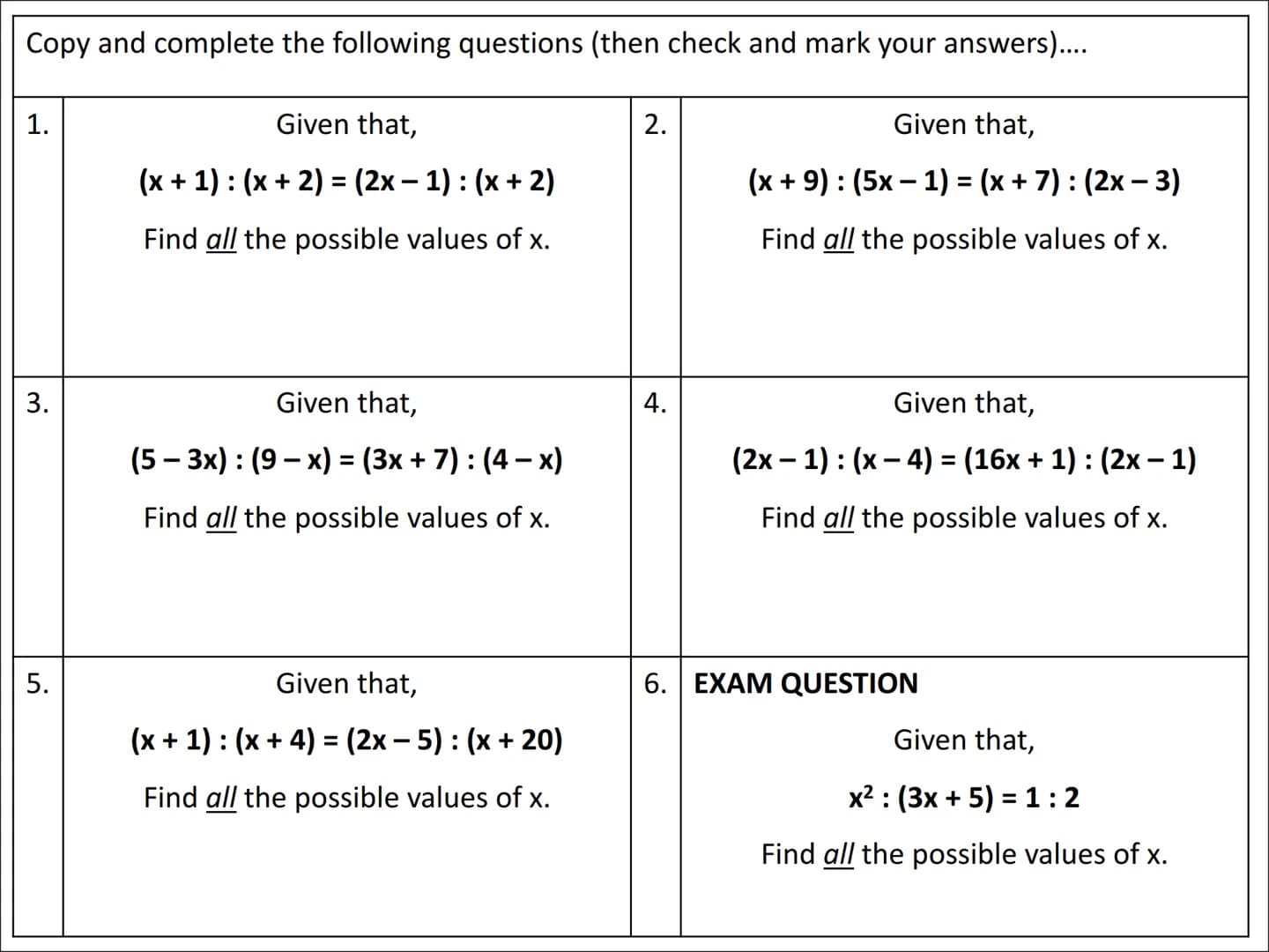 # Ratio Algebra Problems
Type 1 Example

Given that,

$(2x+1): (3x-5) = 2:5$

Find the value of x.

Your Turn!!!

Given that,

$(5x-2): (2x 