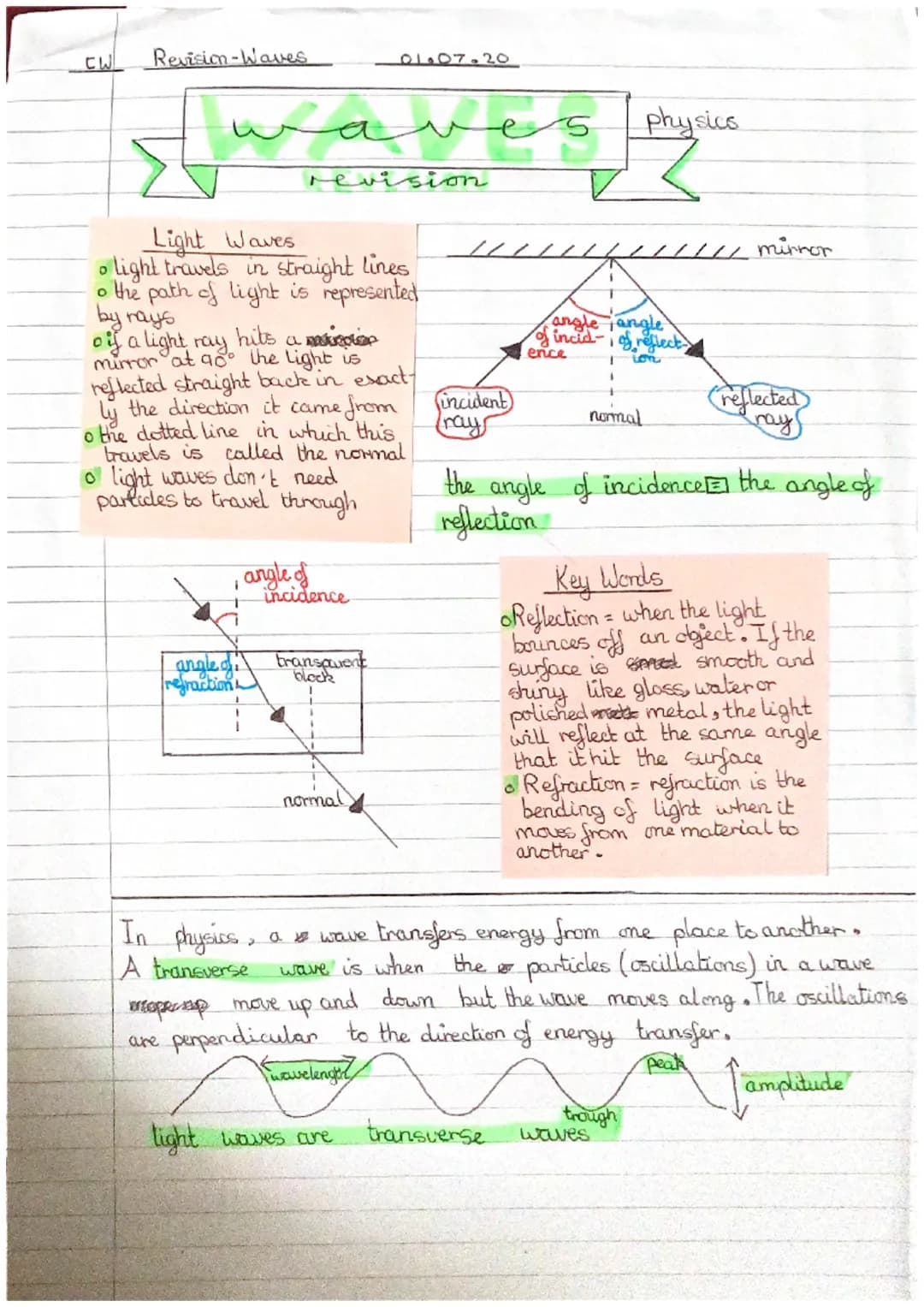 CW
Revision-Waves
01.07.20

a
e5
physics
revision
Light Waves
• light travels in straight lines
• the path of light is represented
by rays
o