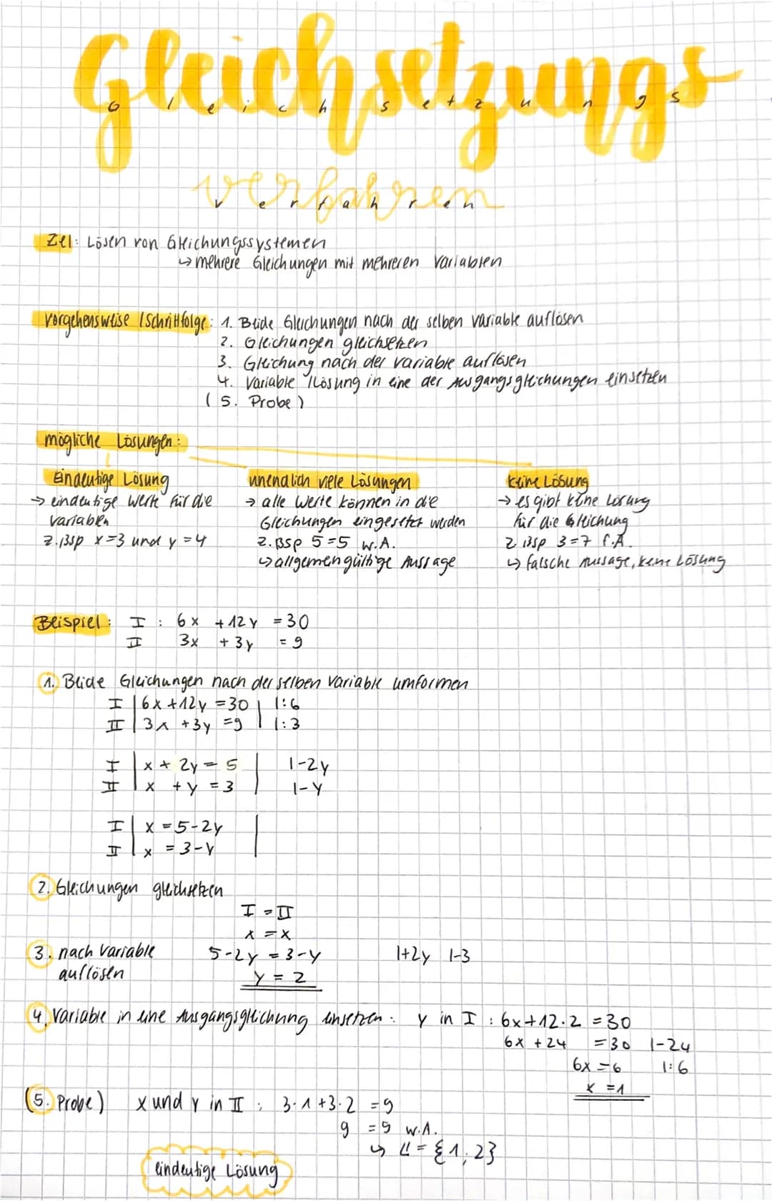 # Gleichsetzungs

Verpakren

zel Lösen ron alichungssystemen.
- mehrere Gleich ungen mit mehreren Variablen

vorgehensweise Ischritfolge: 1.